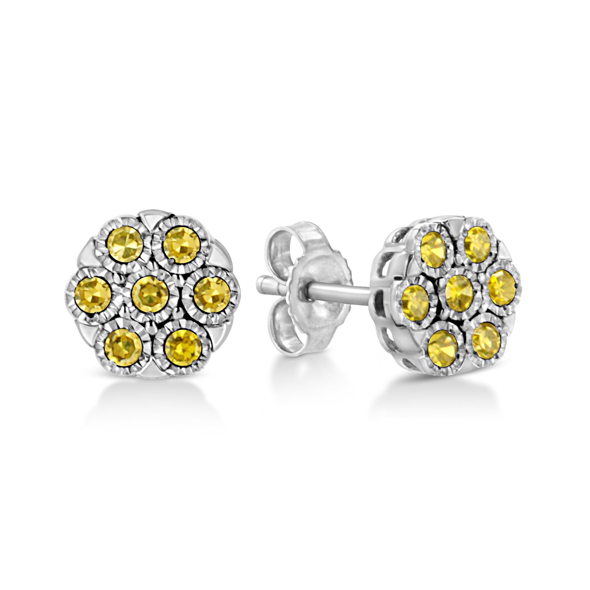 .925 Sterling Silver 1/4 Cttw Color Diamond Cluster Flower Earrings - Friggin Jewelry