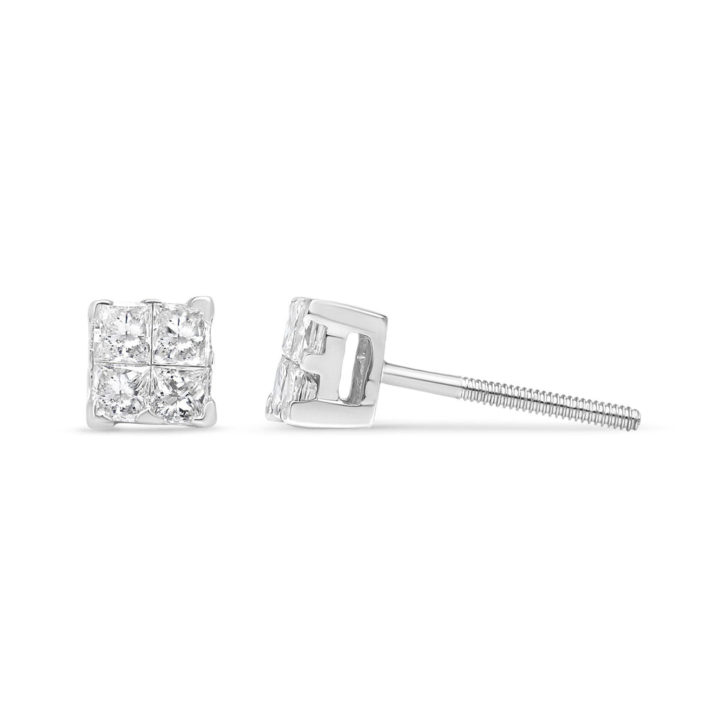 Orecchini a bottone in argento sterling 925 con diamanti taglio principessa da 5/8 carati, montatura invisibile (colore IJ, purezza I2-I3) - Friggin Jewelry