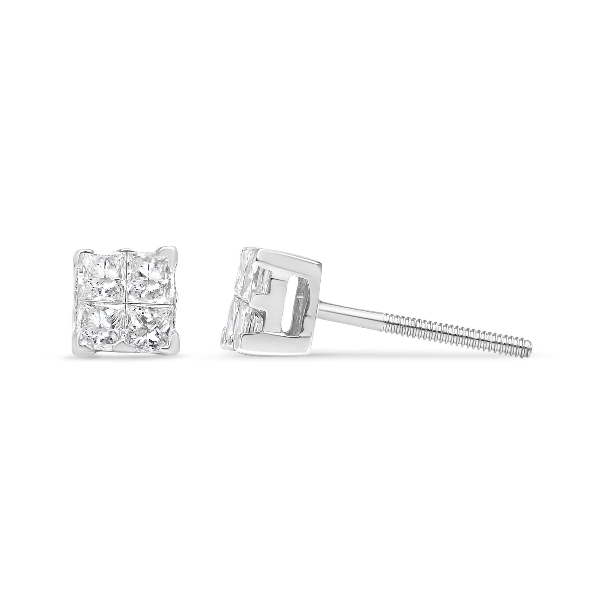 .925 Sterling Silver 5/8 Cttw Princess Cut Diamond Invisible Set Quad Composite Stud Earrings (I-J Color, I2-I3 Clarity) - Friggin Jewelry