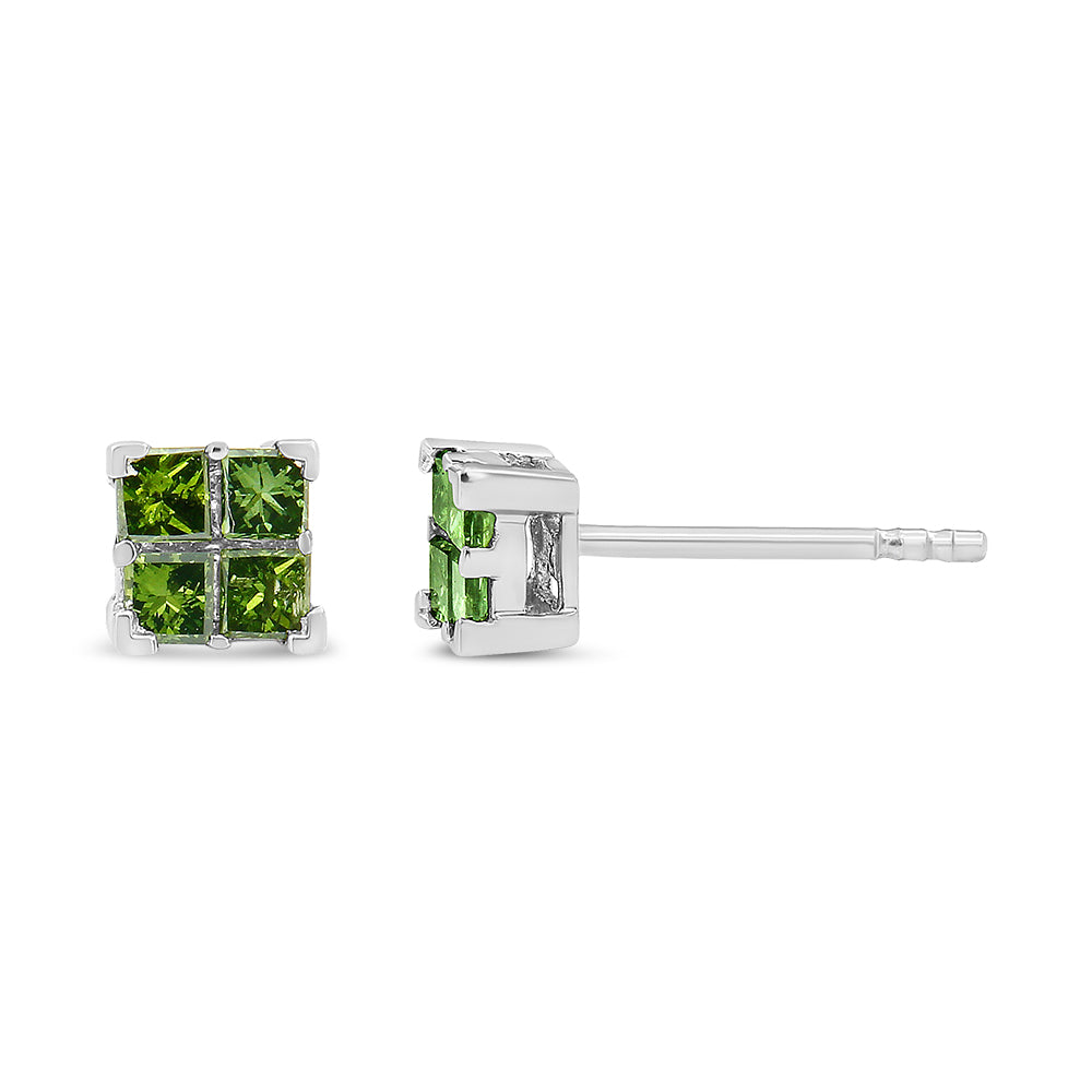 Pendiente de botón compuesto de cuatro piedras con diamantes de talla princesa verde, tratado en plata de ley 925 (color verde, claridad I1-I2) - Friggin Jewelry