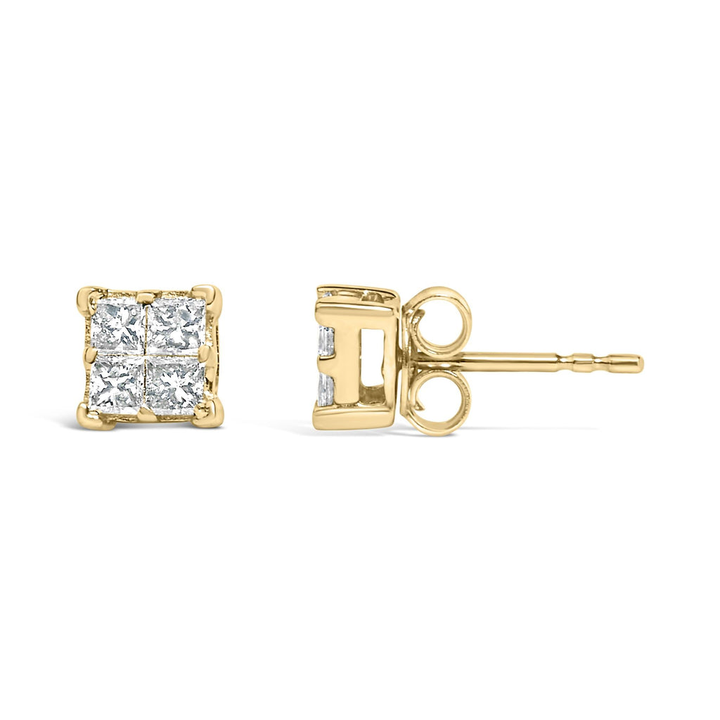 Orecchini a bottone quadrati in oro giallo 14 carati con diamanti incastonati in modo invisibile da 1/2 carati (colore KL, purezza SI1-SI2) - Friggin Jewelry