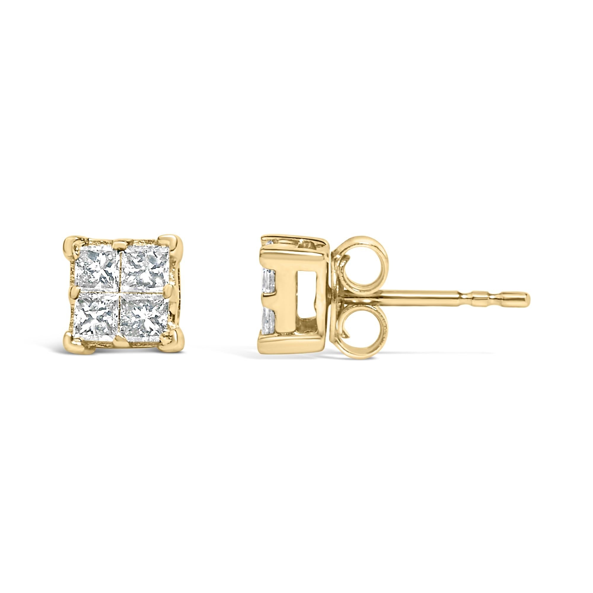 Orecchini a bottone quadrati in oro giallo 14 carati con diamanti incastonati in modo invisibile da 1/2 carati (colore KL, purezza SI1-SI2) - Friggin Jewelry