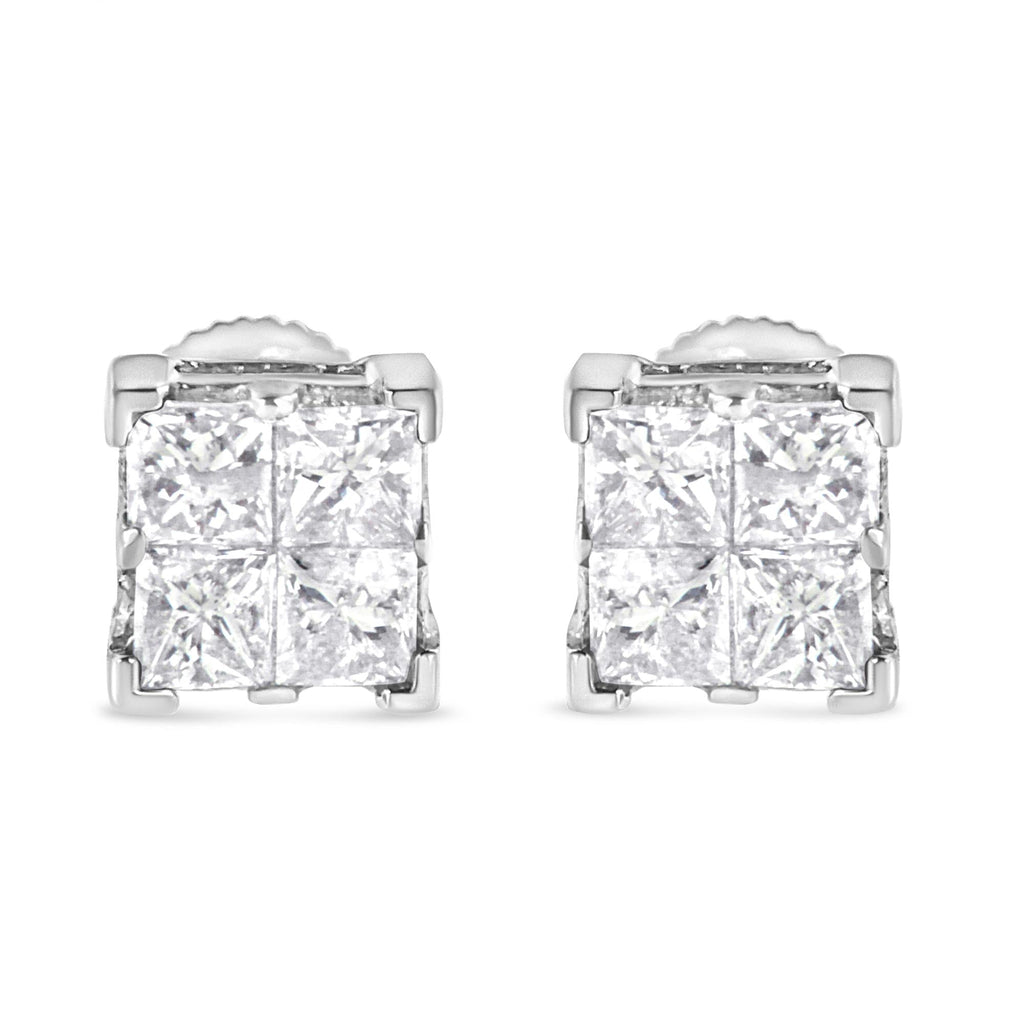 10K White Gold 3/4 Cttw Invisible Set Princess-Cut Diamond Composite Square Stud Earrings (H-I Color, SI2-I1 Clarity) - Friggin Jewelry