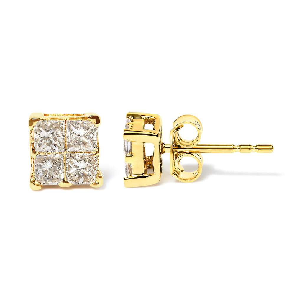 Aretes de oro amarillo de 14 quilates con diamantes de talla princesa de 3/4 quilates y 4 piedras cuadradas engastadas invisibles (color JK, claridad SI2-I1) - Friggin Jewelry