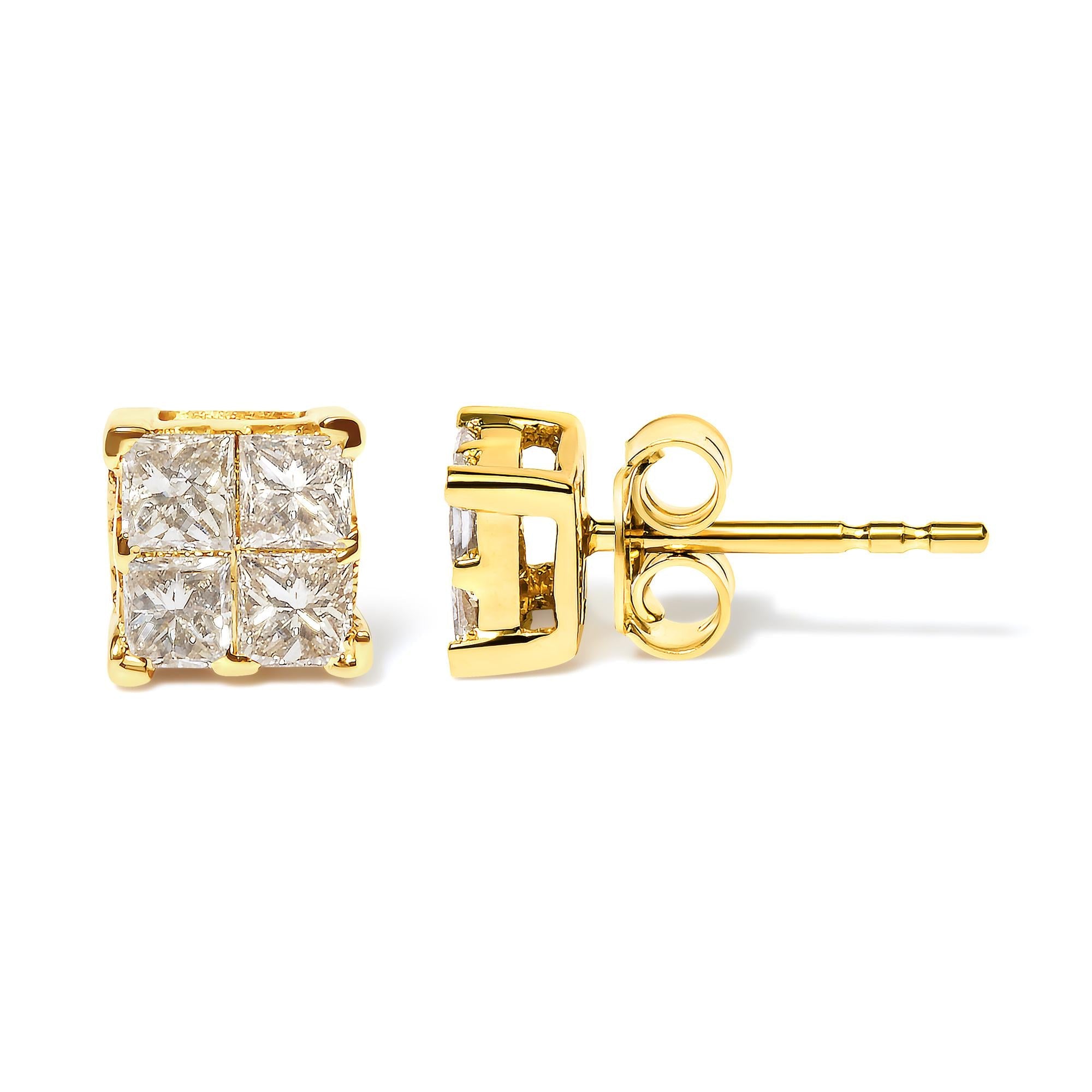 Aretes de oro amarillo de 14 quilates con diamantes de talla princesa de 3/4 quilates y 4 piedras cuadradas engastadas invisibles (color JK, claridad SI2-I1) - Friggin Jewelry