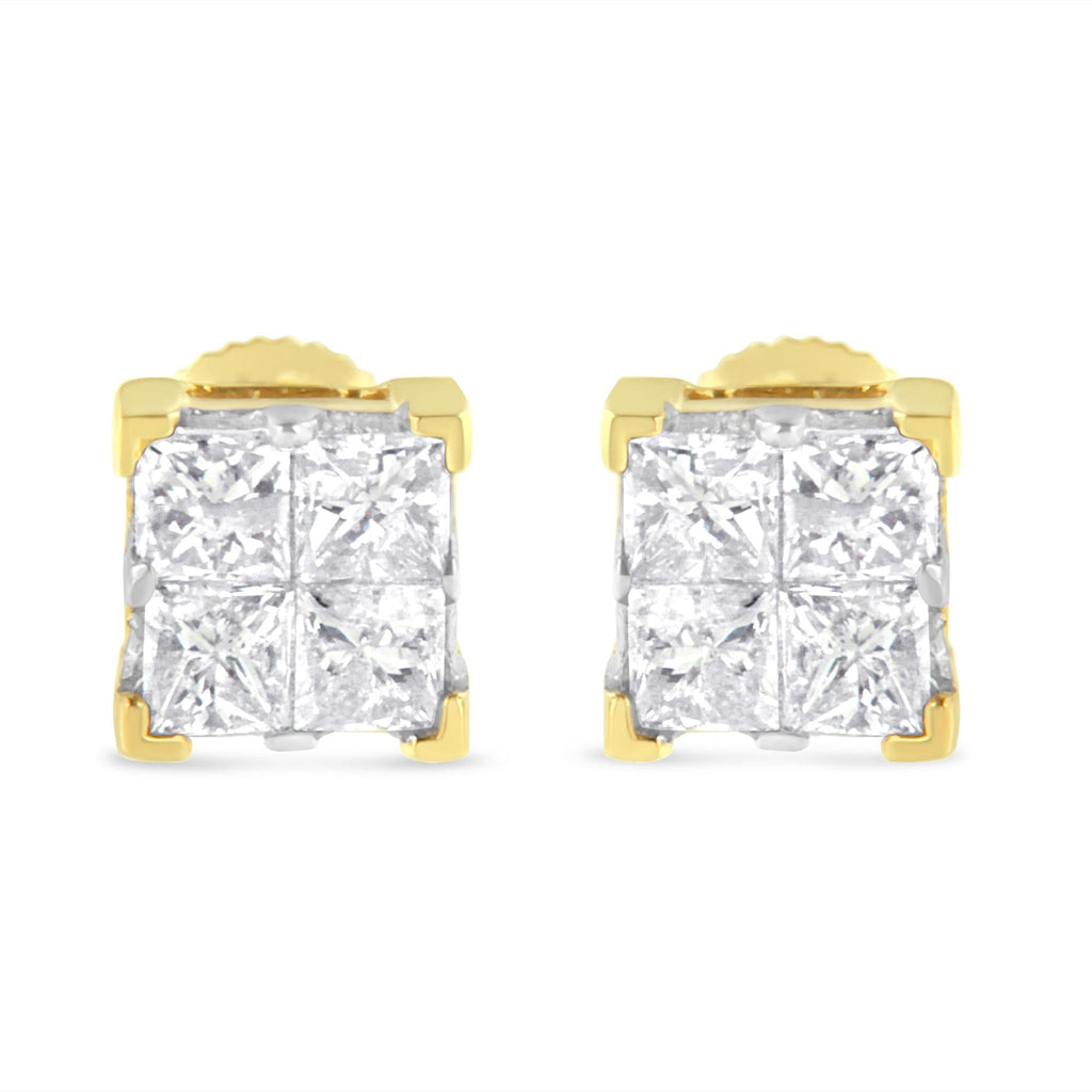 10K Yellow Gold 3/4 Cttw Invisible Set Princess-Cut Diamond Composite Square Stud Earrings (I-J Color, I2-I3 Clarity) - Friggin Jewelry