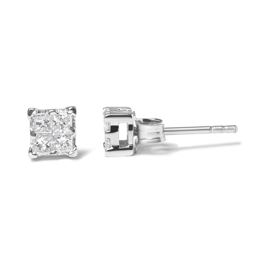 .925 Sterling Silver 1/4 Cttw Invisible Set Princess Diamond Composite Quad Stud Earrings (I-J Color, I1-I2 Clarity) - Friggin Jewelry