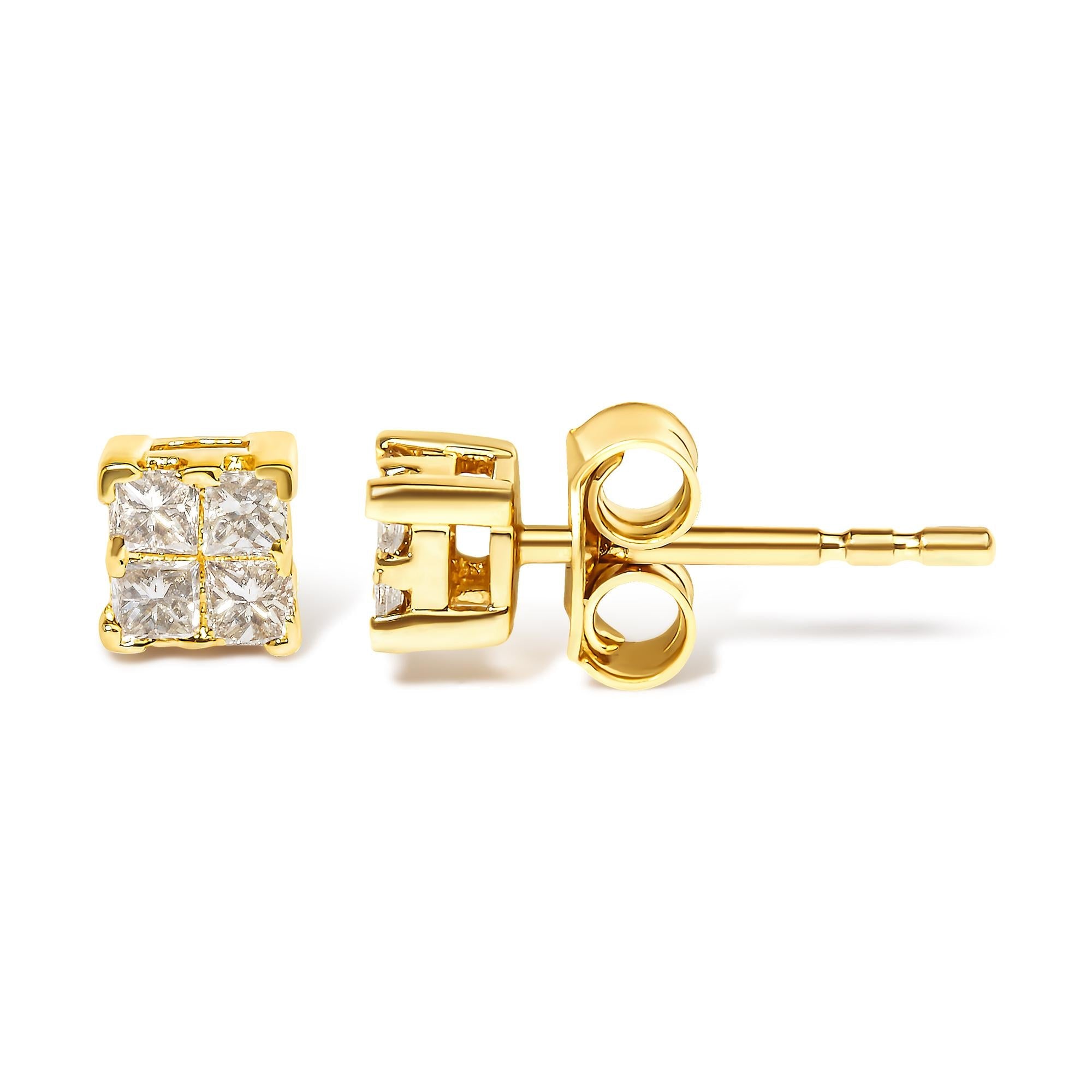 Aretes de oro amarillo de 14 quilates con diamantes cuadrados de talla princesa de 1/4 quilates engastados invisibles (color JK, claridad I1-I2) - Friggin Jewelry