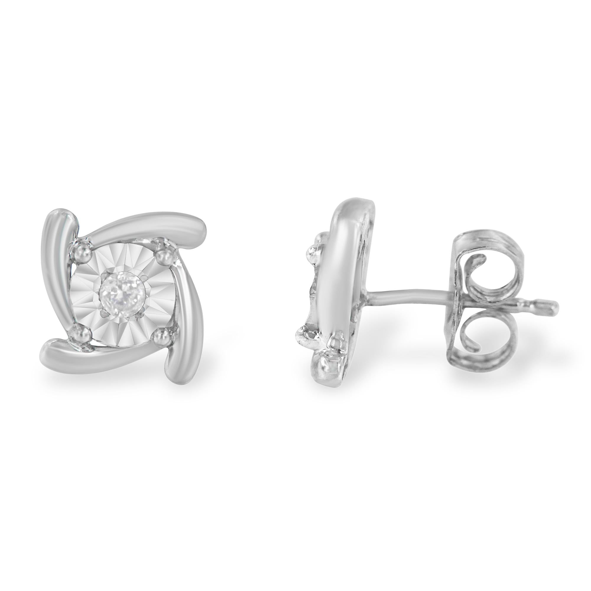 .925 Sterling Silver 1/10 Cttw Round Brilliant-Cut Near Colorless Diamond Miracle-Set Square Pinwheel Stud Earrings (I-J Color, I3 Clarity) - Friggin Jewelry