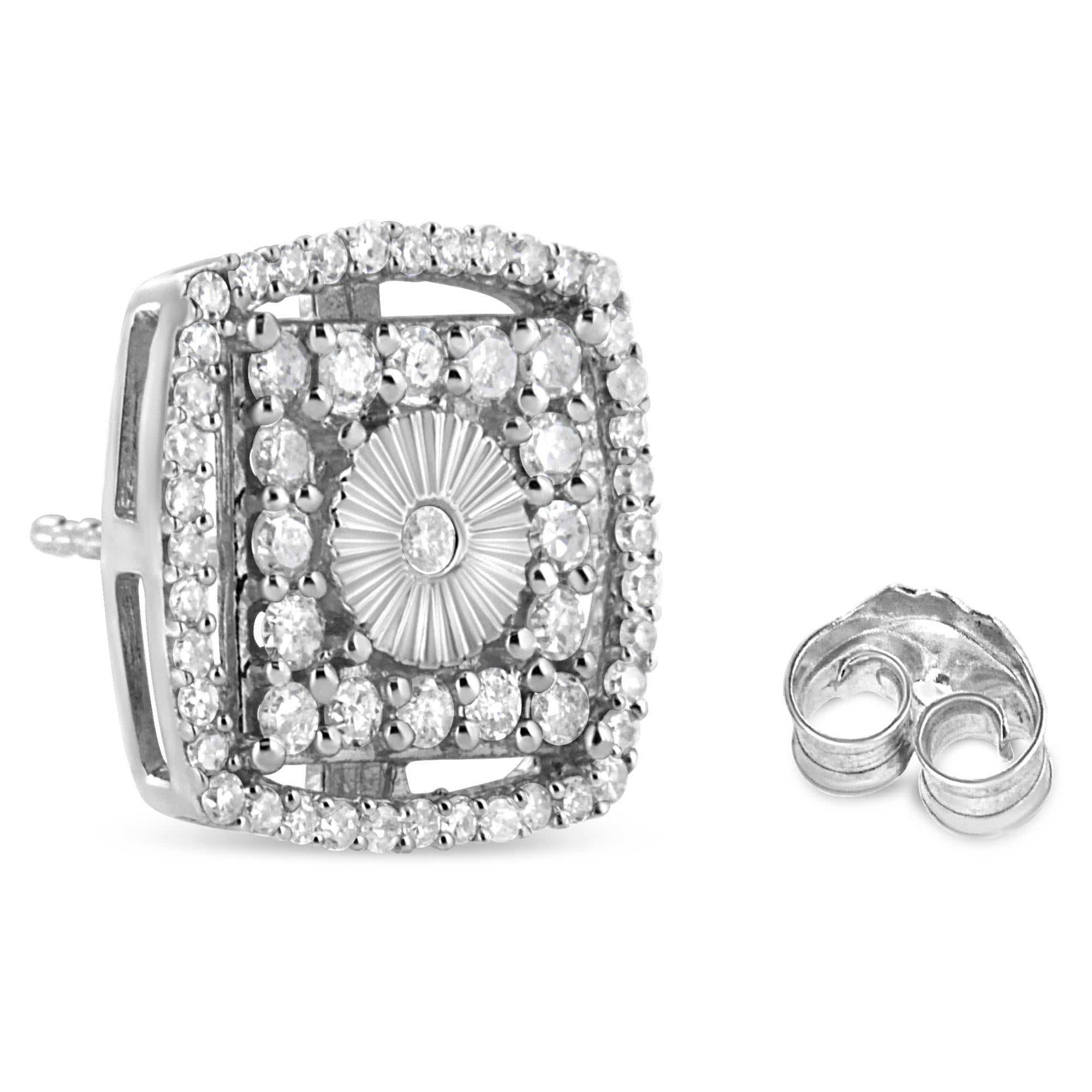 Pendiente de botón con doble halo y disco de diamantes redondos de 1,0 ct en plata de ley 925 (color IJ, claridad I2-I3) - Friggin Jewelry