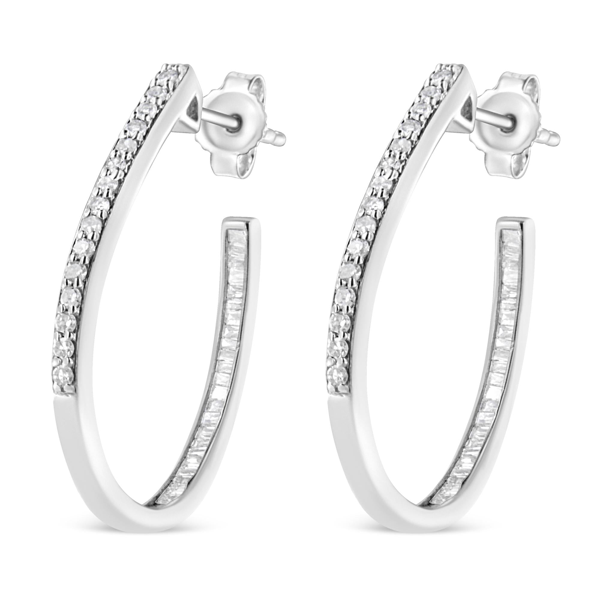 Orecchini a cerchio con diamanti taglio baguette e rotondo da 1/2 carati in argento sterling 925 (colore HI, purezza I1-I2) - Friggin Jewelry