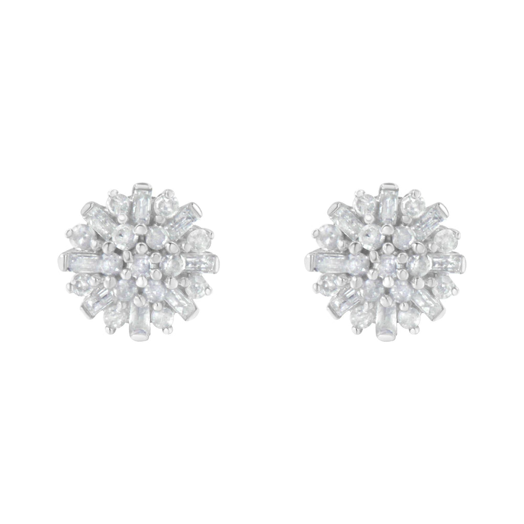 .925 Sterling Silver 1/2 Round and Baguette Diamond Sunburst Floral Cluster Stud Earrings (I-J Color, I3 Clarity) - Friggin Jewelry