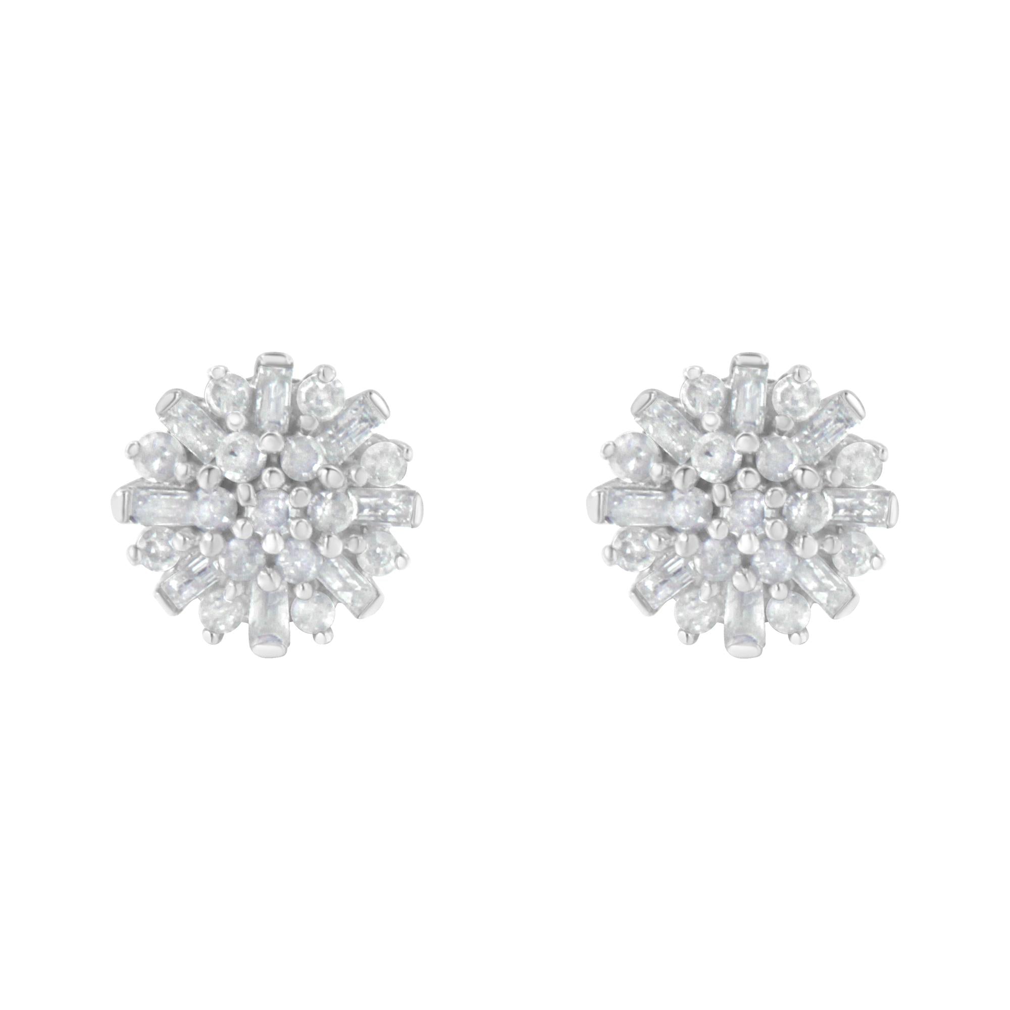 .925 Sterling Silver 1/2 Round and Baguette Diamond Sunburst Floral Cluster Stud Earrings (I-J Color, I3 Clarity) - Friggin Jewelry
