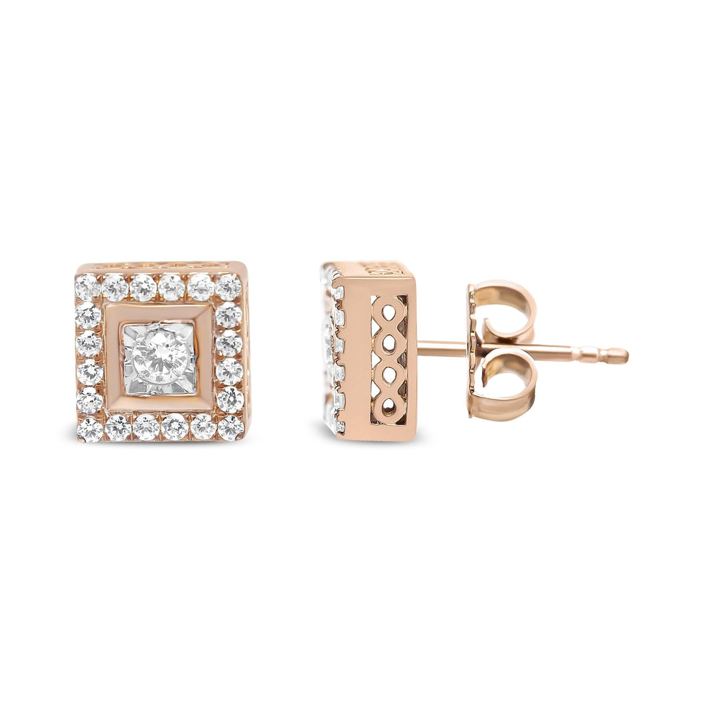 14K Rose Gold Plated .925 Sterling Silver 1/2 Cttw Diamond Halo Square-Shaped Frame Stud Earring (I-J Color, I3 Clarity) - Friggin Jewelry