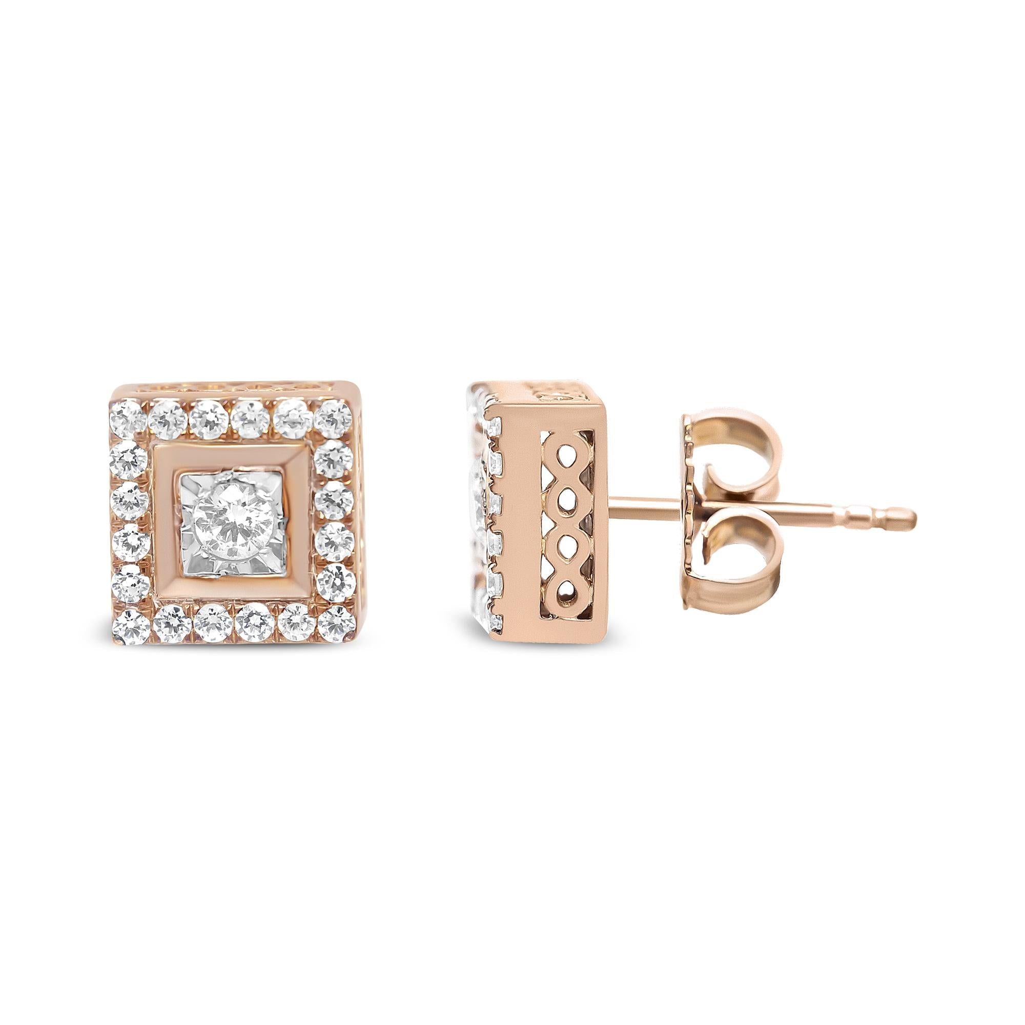 14K Rose Gold Plated .925 Sterling Silver 1/2 Cttw Diamond Halo Square-Shaped Frame Stud Earring (I-J Color, I3 Clarity) - Friggin Jewelry
