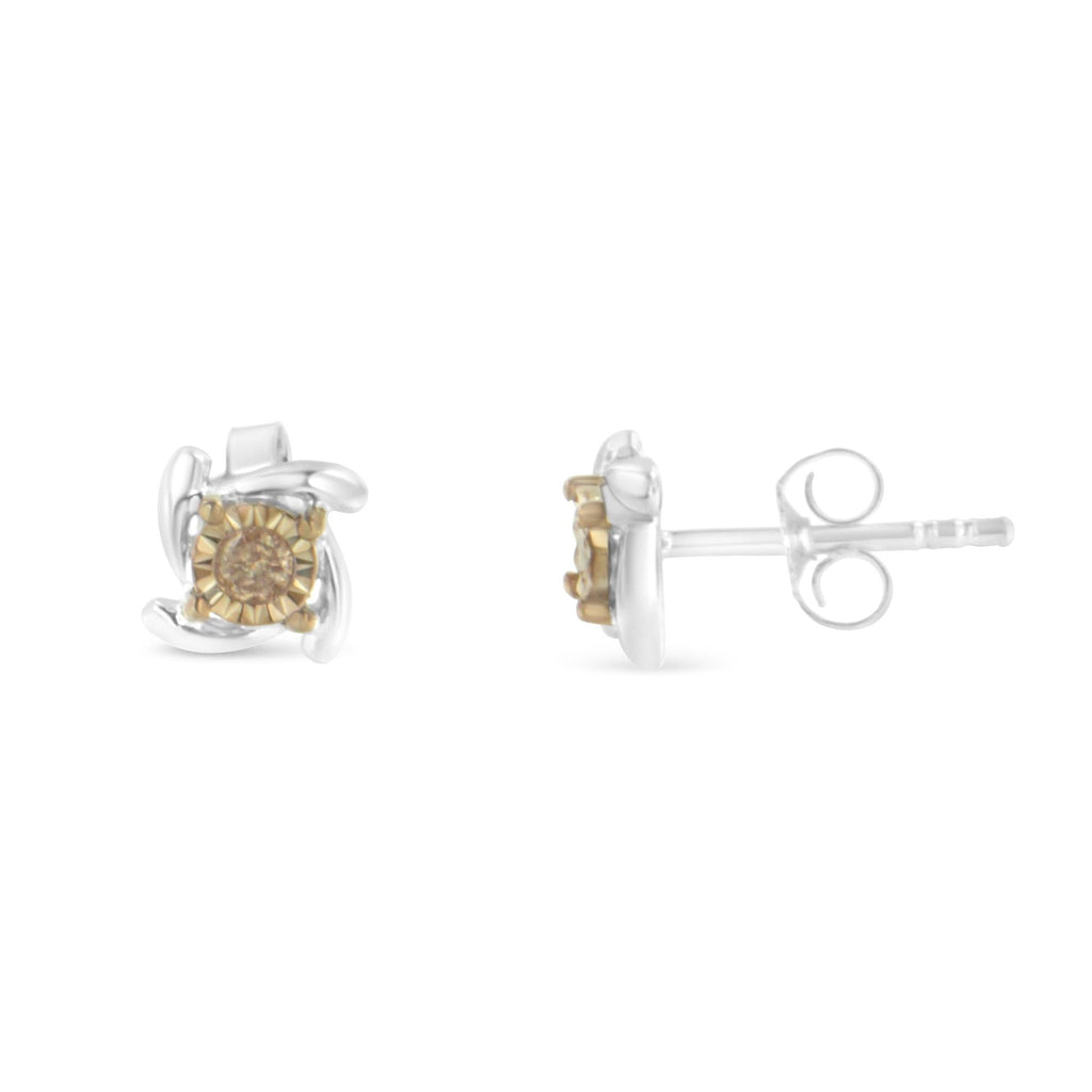 Pendiente de botón de diamantes en plata de ley bicolor (0,10 cts, color champán, claridad I2-I3) - Friggin Jewelry