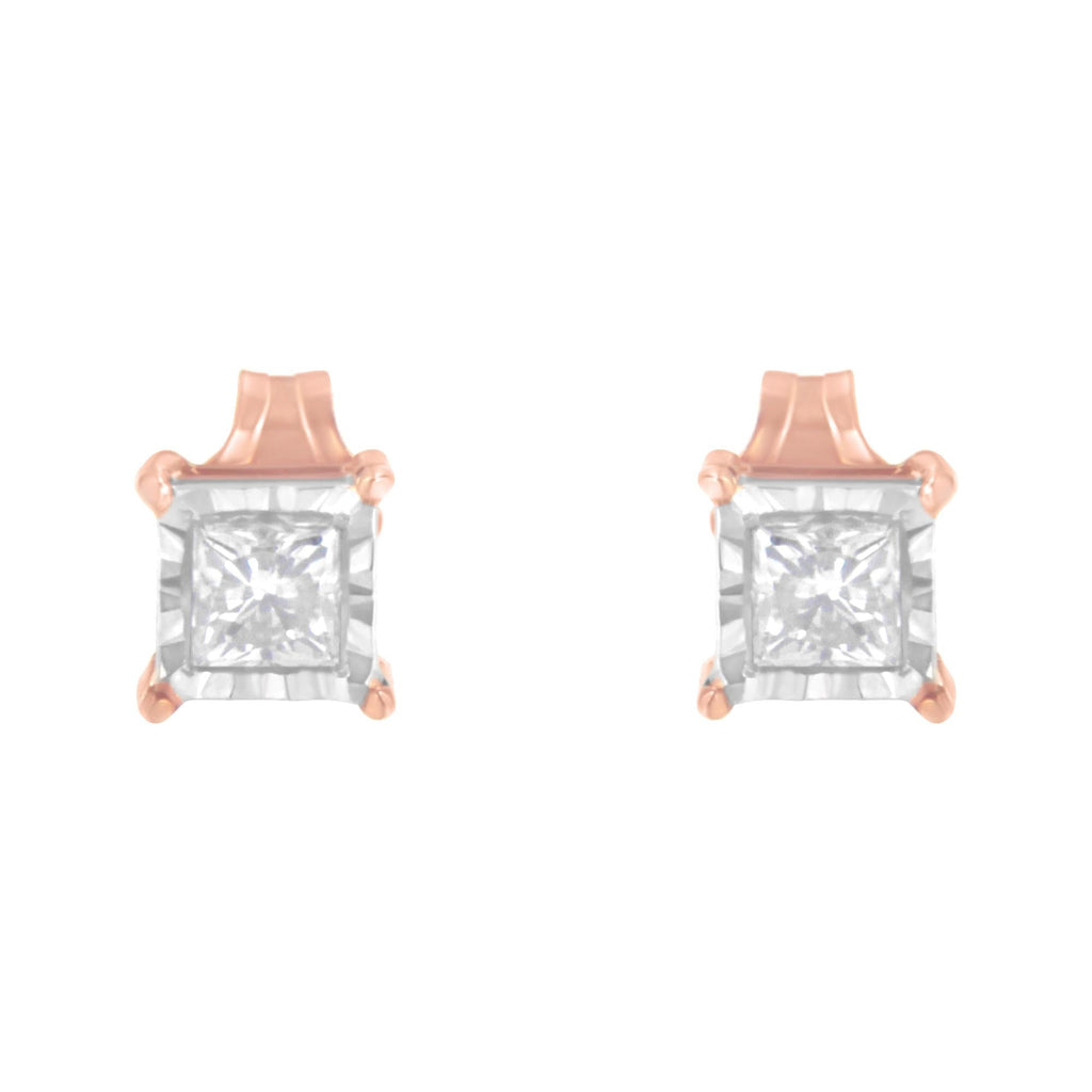 14K Rose Gold Plated Two-Tone .925 Sterling Silver 1/2 Cttw Princess-Cut Square Near Colorless Diamond Solitaire Miracle-Plate Stud Earrings (J-K Color, I2-I3 Clarity) - Friggin Jewelry