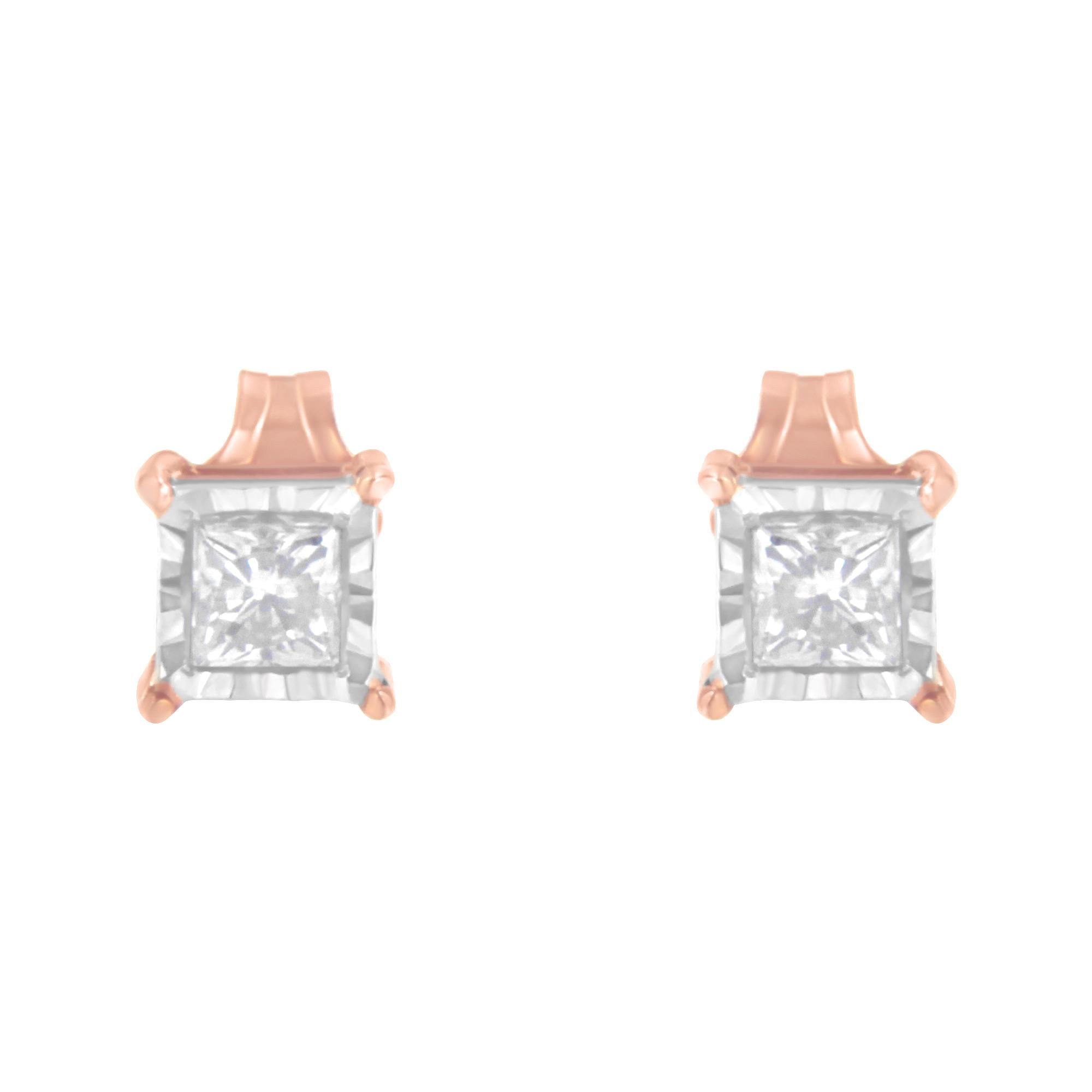 14K Rose Gold Plated Two-Tone .925 Sterling Silver 1/2 Cttw Princess-Cut Square Near Colorless Diamond Solitaire Miracle-Plate Stud Earrings (J-K Color, I2-I3 Clarity) - Friggin Jewelry