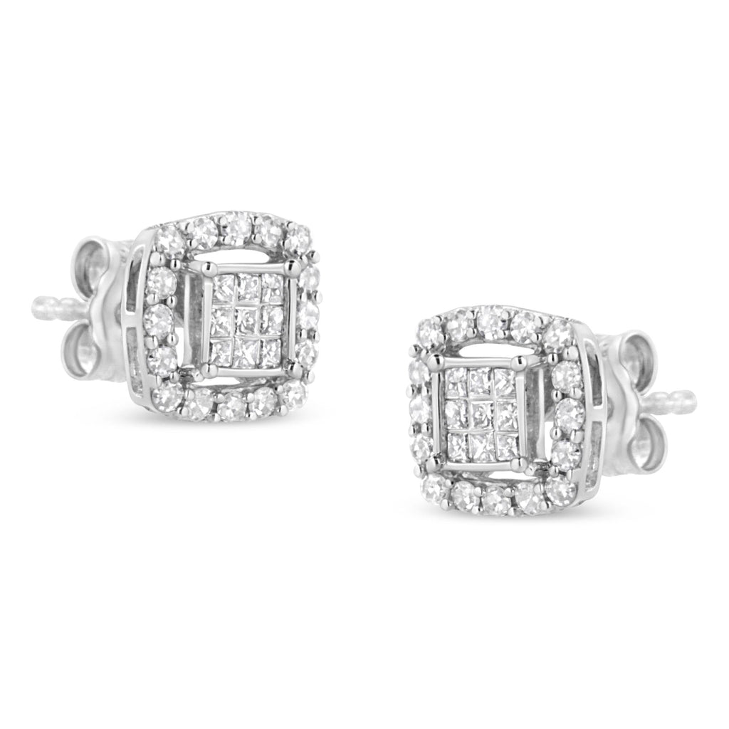 Orecchini a bottone in argento sterling 925 con diamanti taglio rotondo e principessa da 1/2 carati (colore IJ, purezza I1-I2) - Friggin Jewelry