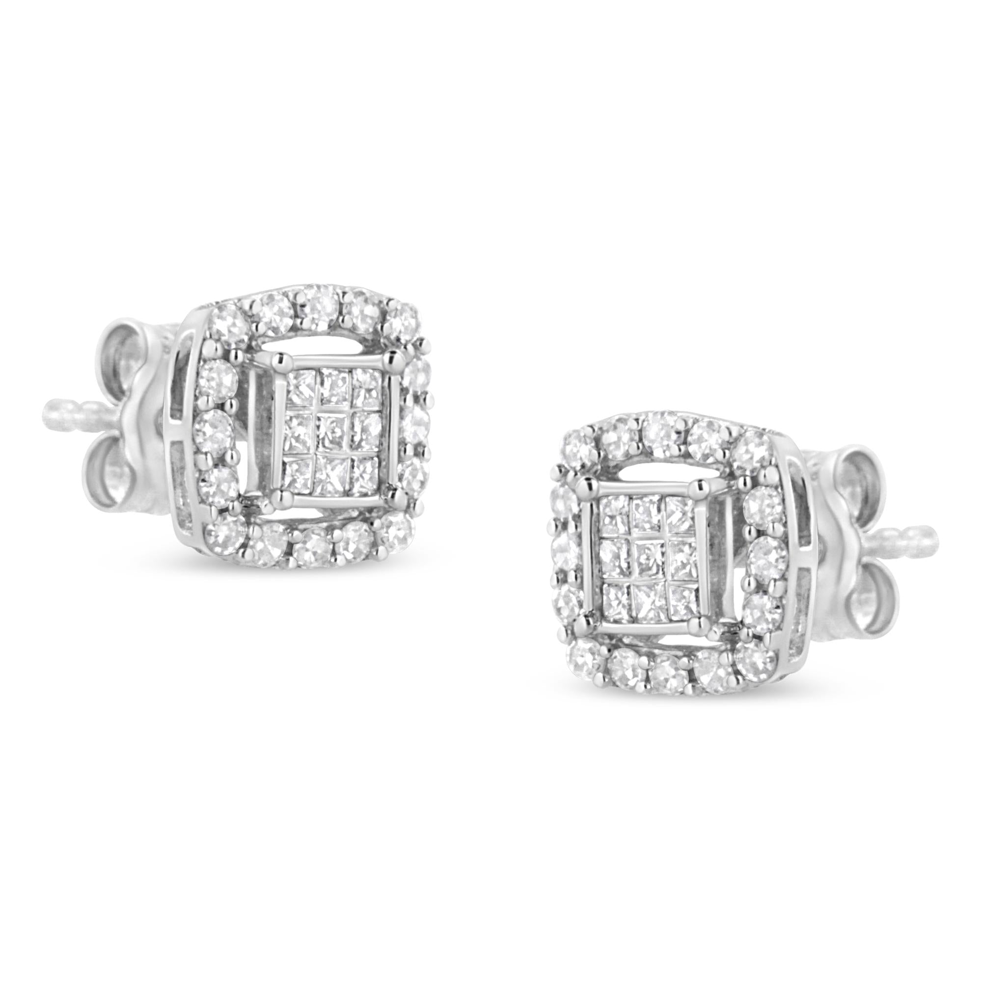 Aretes de plata de ley 925 con diamantes redondos y de talla princesa de 1/2 quilates (color IJ, claridad I1-I2) - Friggin Jewelry