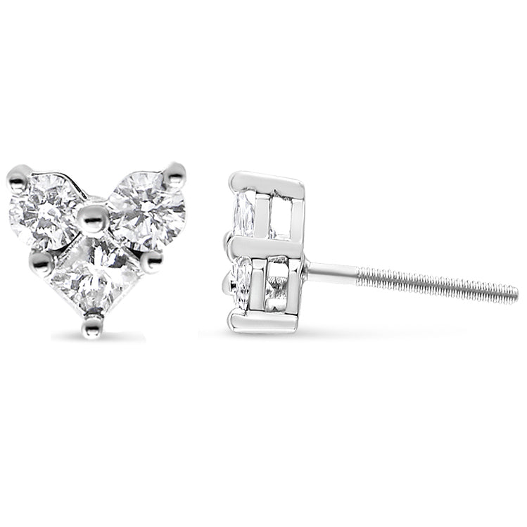 10K White Gold Diamond 3 Stone Trio Heart Stud Earring (I-J Color, I1-I2 Clarity) - Friggin Jewelry