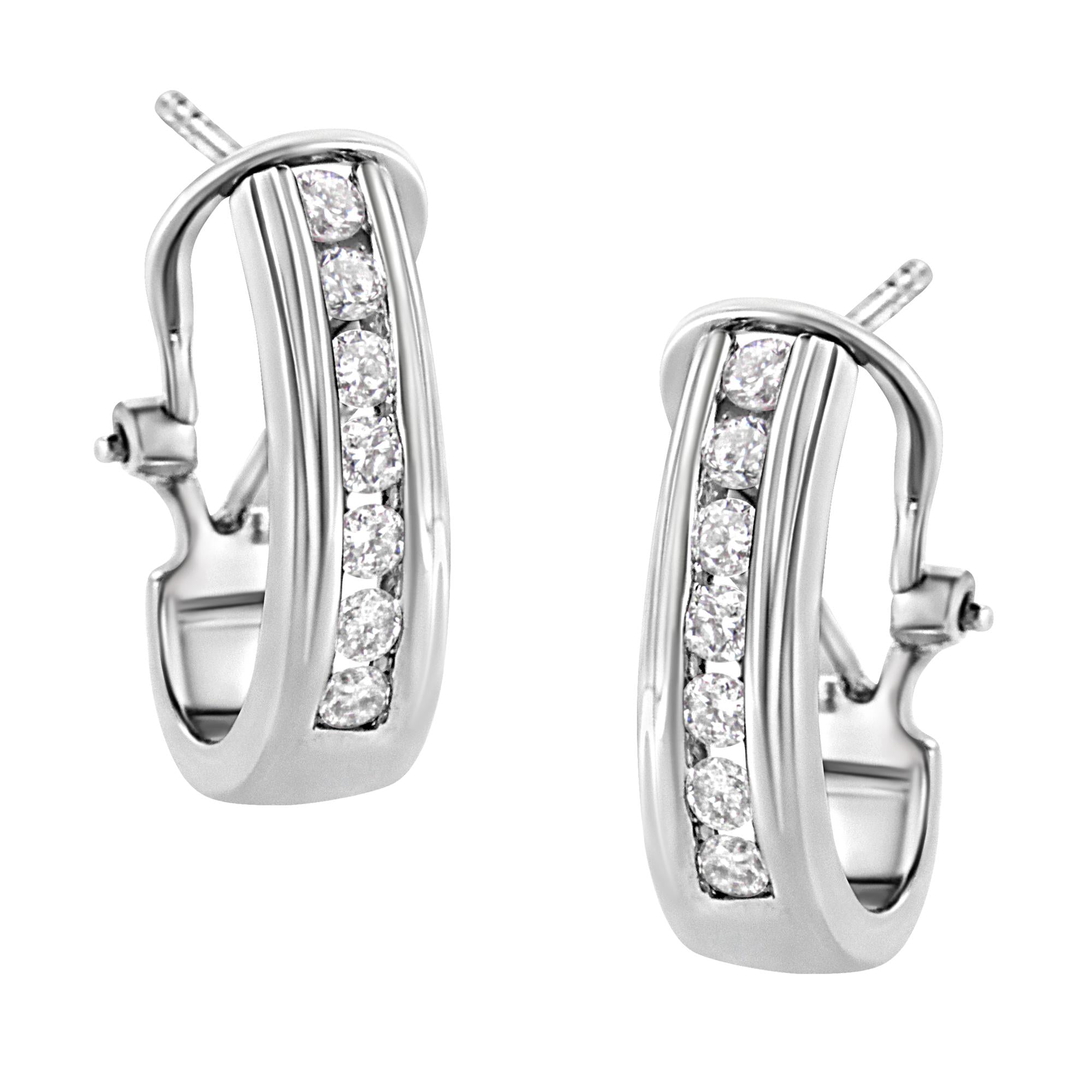 .925 Sterling Silver Channel Set 1/2 Cttw Lab Grown Round Diamond Omega Back Huggy Hoop Earrings (F-G Color, SI1-SI2 Clarity) - Friggin Jewelry