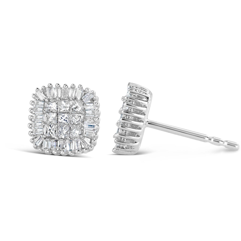 Aretes de oro blanco de 10 quilates de 1/2 ct con diamantes baguette de talla princesa y engaste invisible (color HI, claridad I1-I2) - Friggin Jewelry