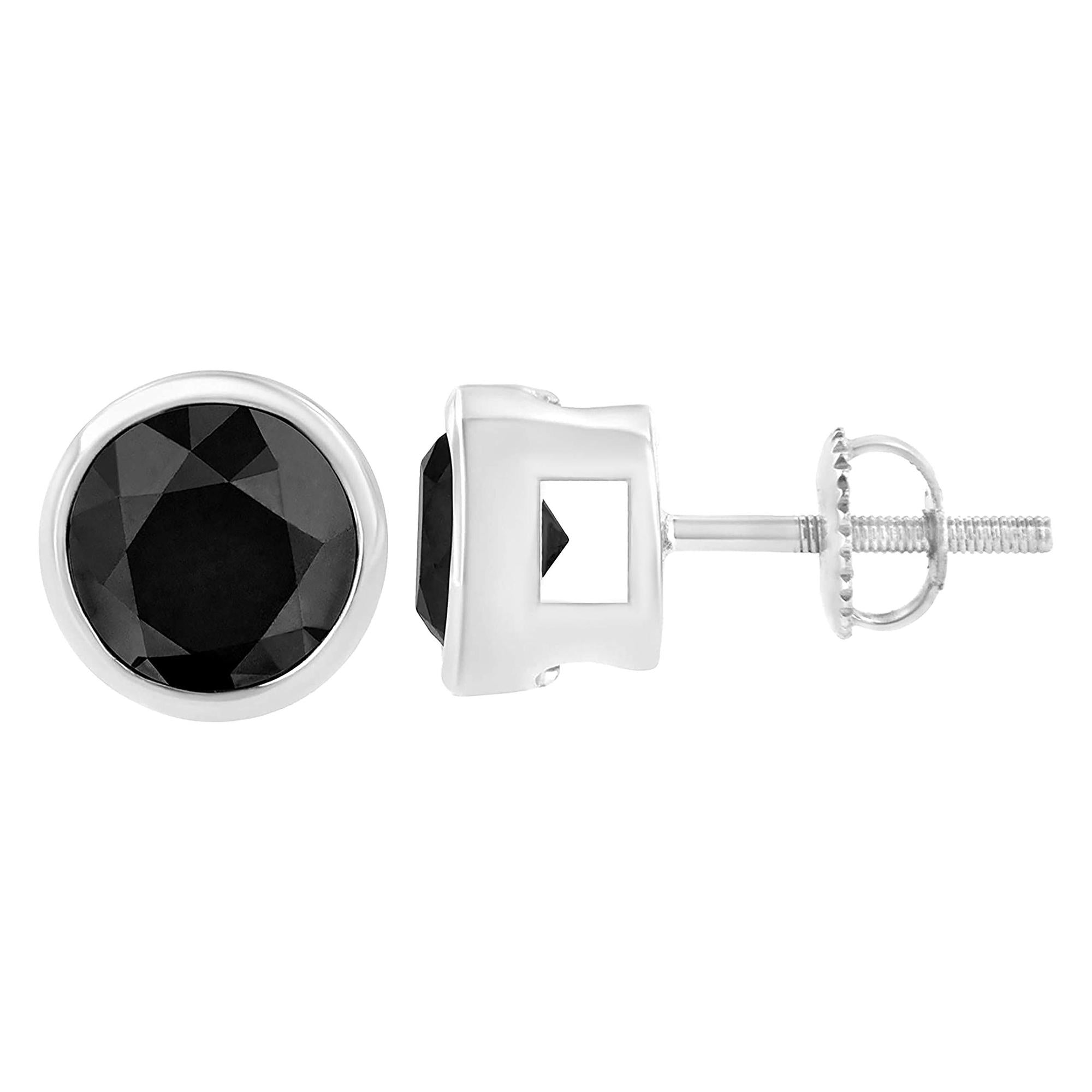 Aretes de oro blanco de 14 quilates con diamantes negros redondos de talla brillante engastados en bisel y cierre de rosca (color fantasía realzado, claridad I2-I3) - Friggin Jewelry