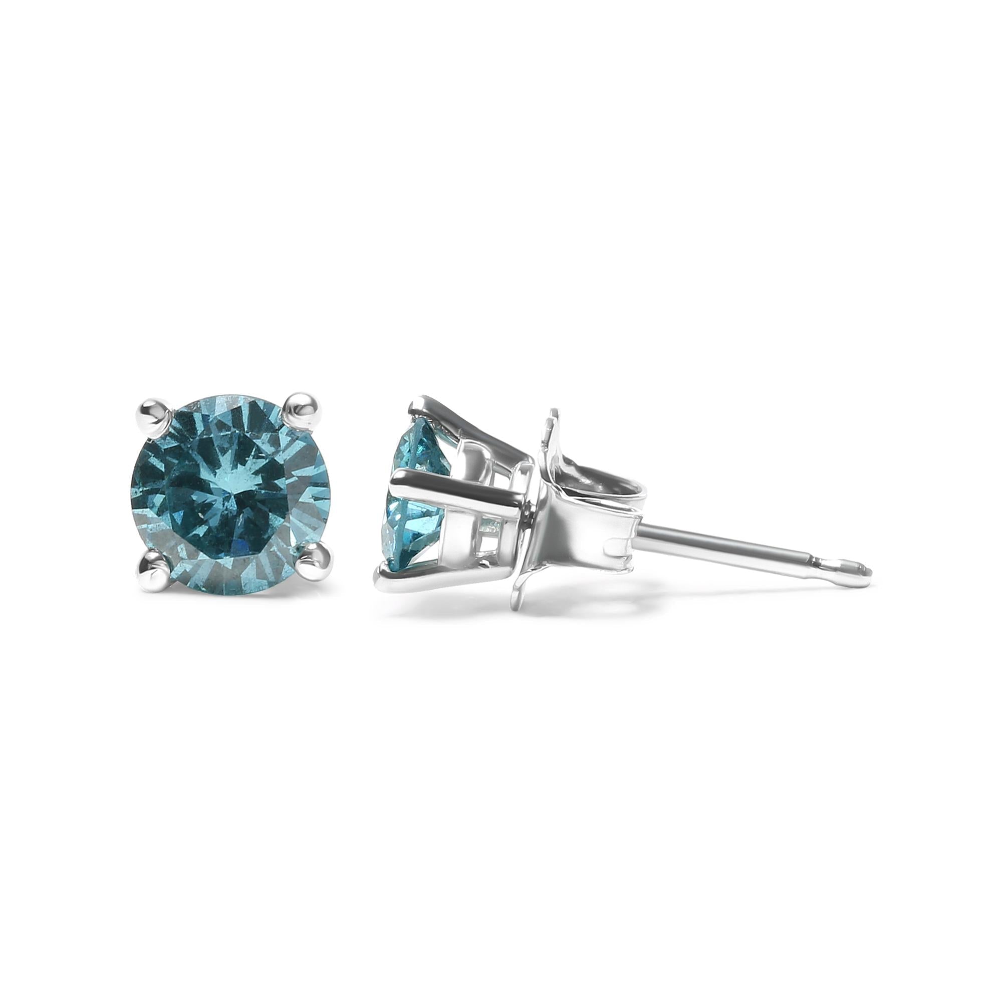 14K Gold 1/2 Cttw Aqua Blue Diamond Screw-Back 4-Prong Classic Stud Earrings (Color Treated, I2-I3) - Friggin Jewelry