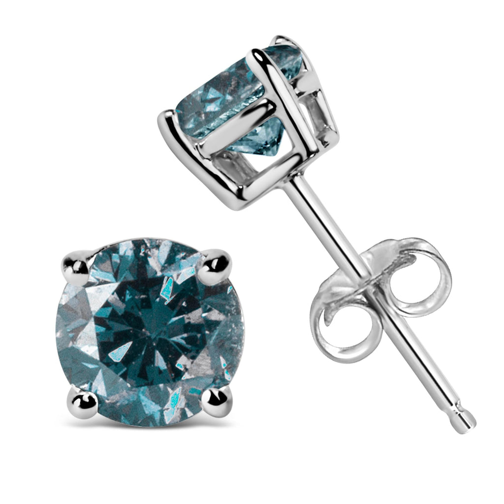 Orecchini a bottone solitario classici a 4 punte con diamanti blu coltivati ​​in laboratorio, taglio brillante rotondo in oro 14 carati con bottoni automatici - Friggin Jewelry