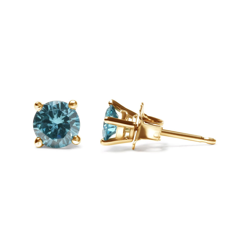 14K Gold 1/2 Cttw Aqua Blue Diamond Screw-Back 4-Prong Classic Stud Earrings (Color Treated, I2-I3) - Friggin Jewelry
