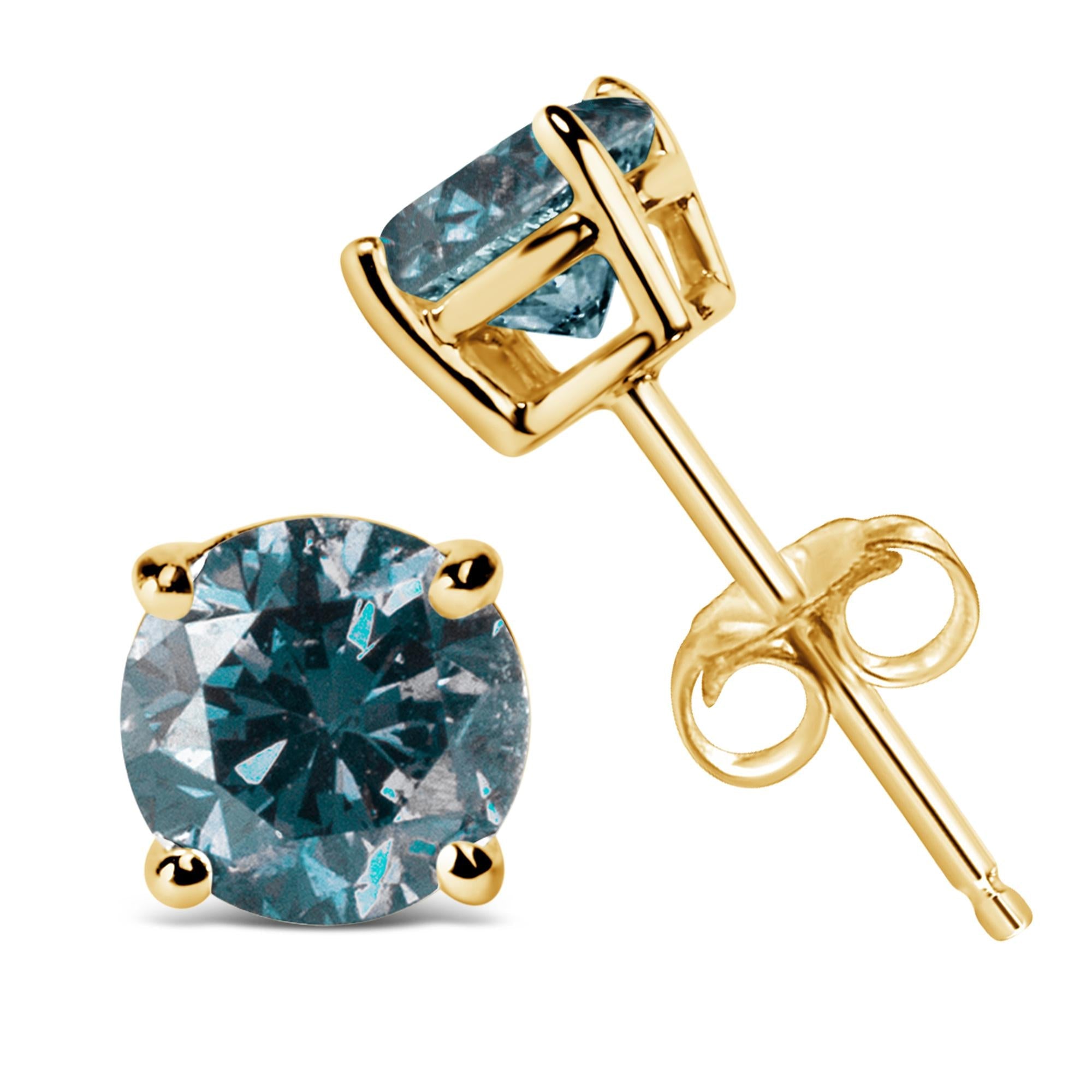 14K Gold Round Brilliant Cut Lab Grown Blue Diamond 4-Prong Classic Solitaire Stud Earrings with Pushbacks - Friggin Jewelry