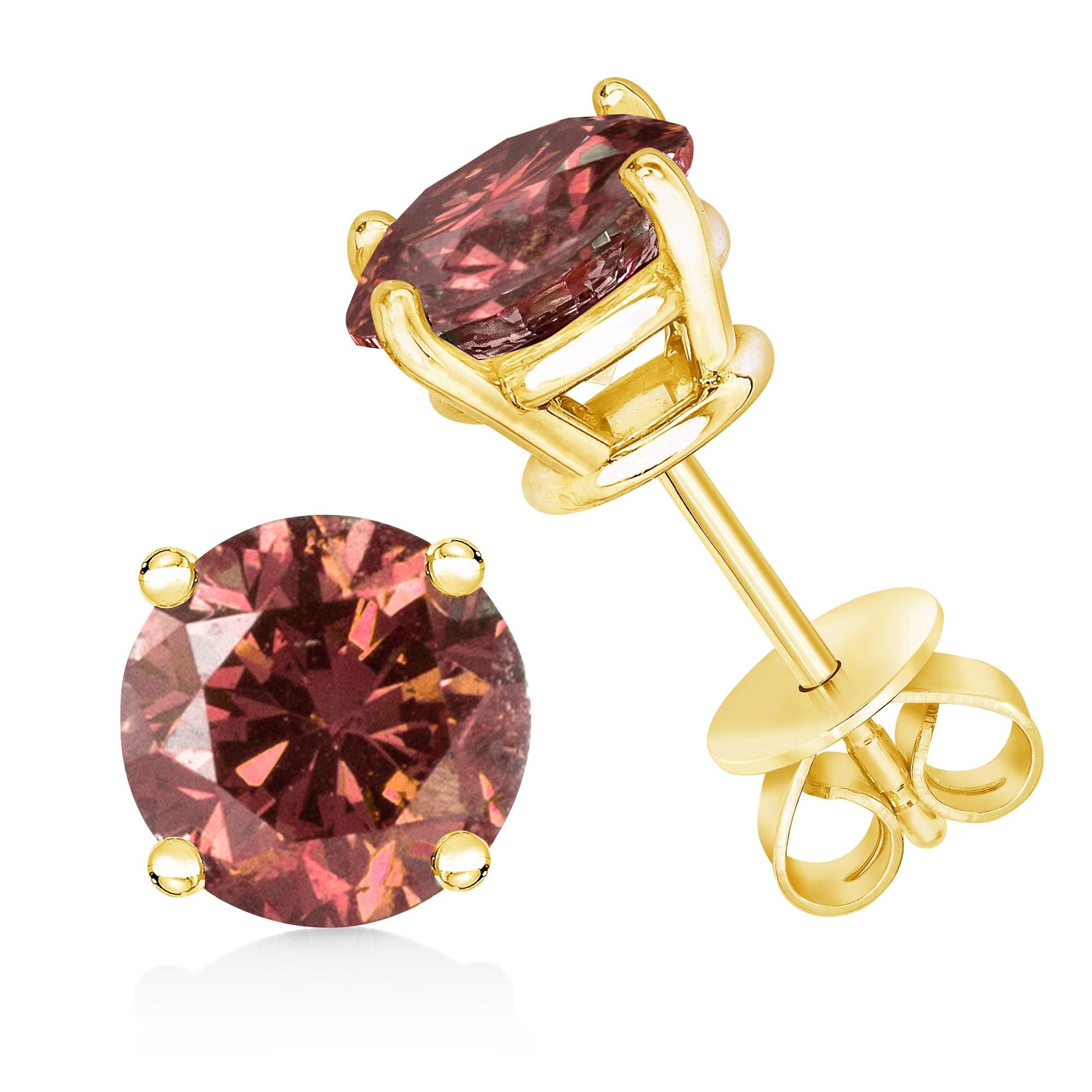 Orecchini classici solitari a 4 punte con diamanti rosa coltivati ​​in laboratorio, taglio brillante rotondo da 1/2 ct, in oro giallo 14 carati (colore rosa, purezza VVS2-VS1) - Friggin Jewelry