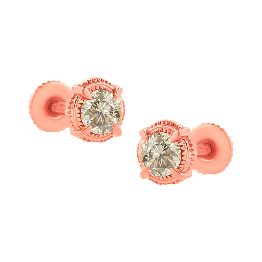 .925 Sterling Silver Round Brilliant Cut Diamond Solitaire Milgrain Stud Earrings - Friggin Jewelry