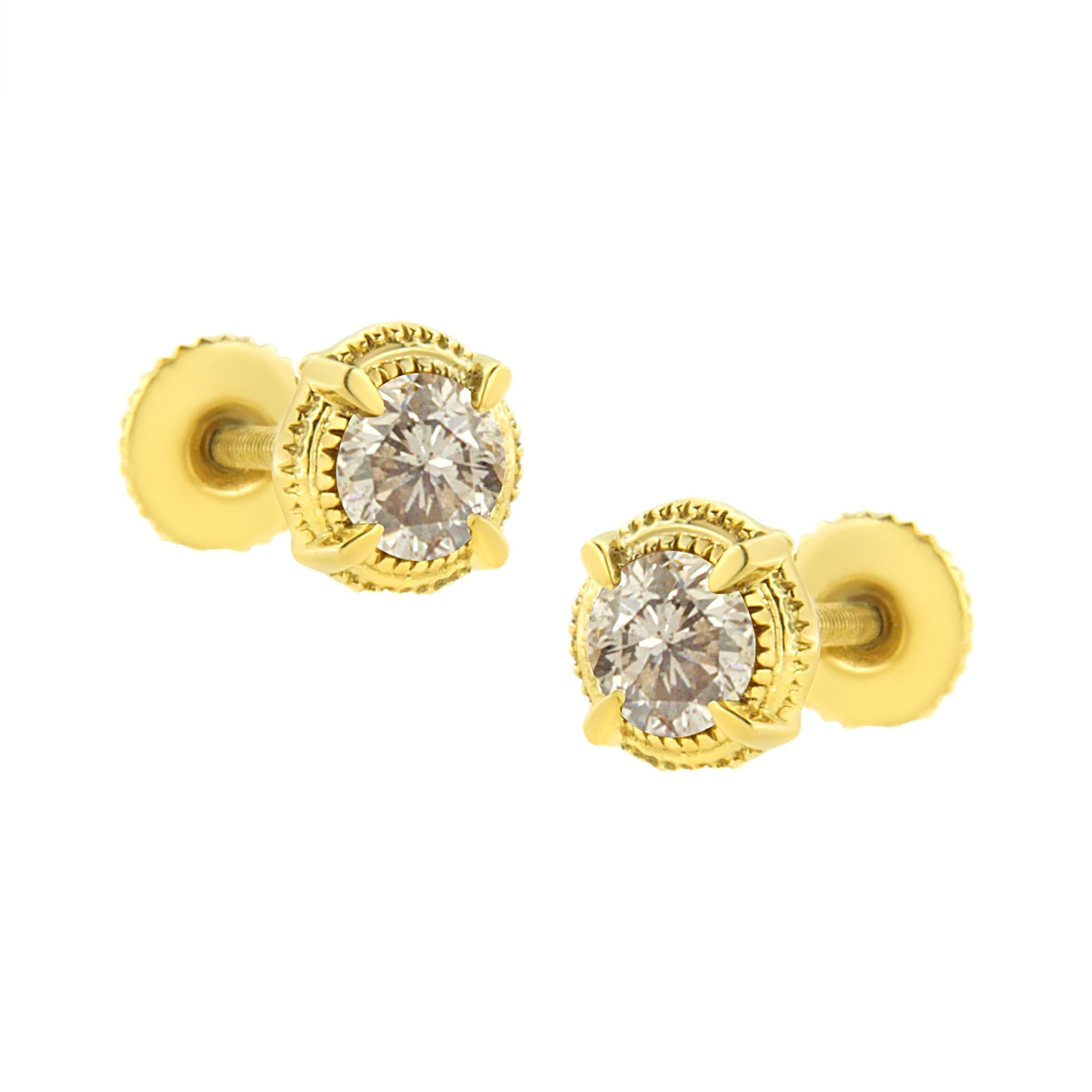 .925 Sterling Silver Round Brilliant Cut Diamond Solitaire Milgrain Stud Earrings - Friggin Jewelry
