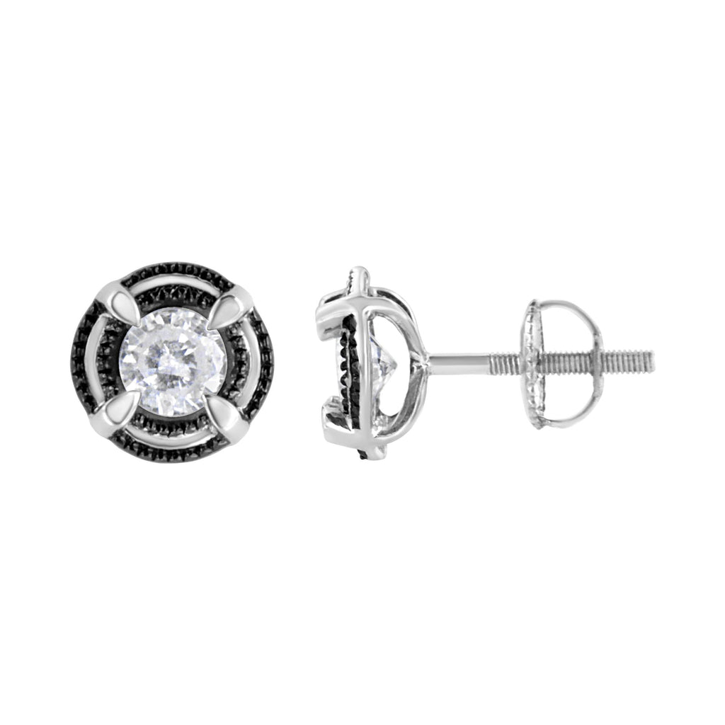 Black Rhodium Plated .925 Sterling Silver Round Diamond Double Halo 4-Prong Solitaire Milgrain Stud Earrings - Friggin Jewelry