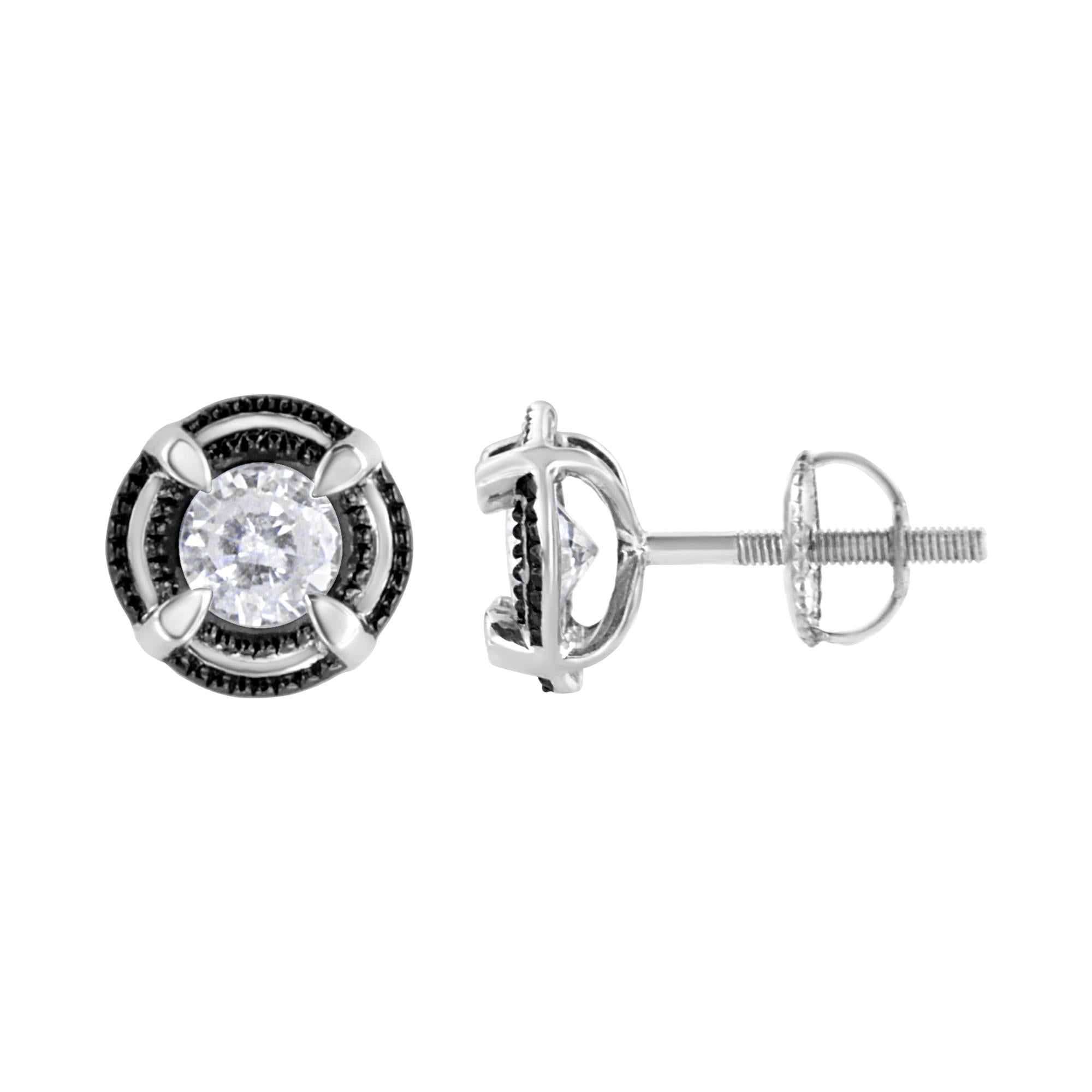 Black Rhodium Plated .925 Sterling Silver Round Diamond Double Halo 4-Prong Solitaire Milgrain Stud Earrings - Friggin Jewelry