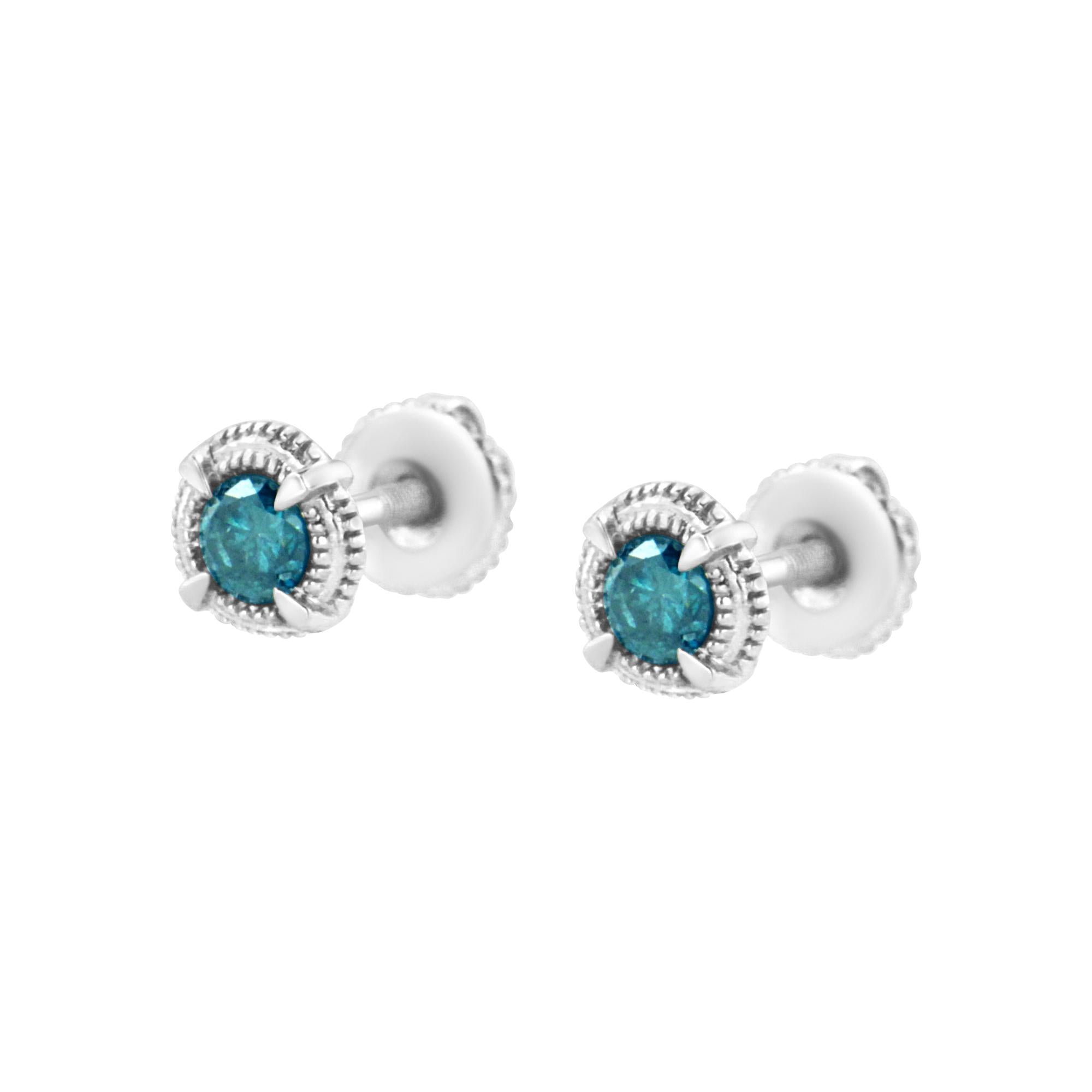 Orecchini a bottone Milgrain moderni a 4 punte con diamanti colorati trattati in argento sterling 925 - Friggin Jewelry