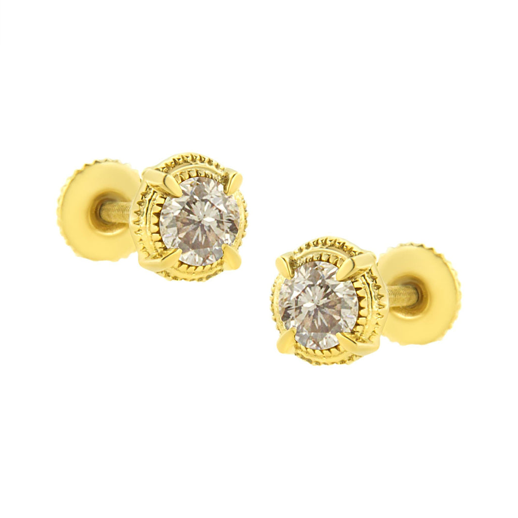 .925 Sterling Silver Round Brilliant Cut Diamond Solitaire Milgrain Stud Earrings - Friggin Jewelry
