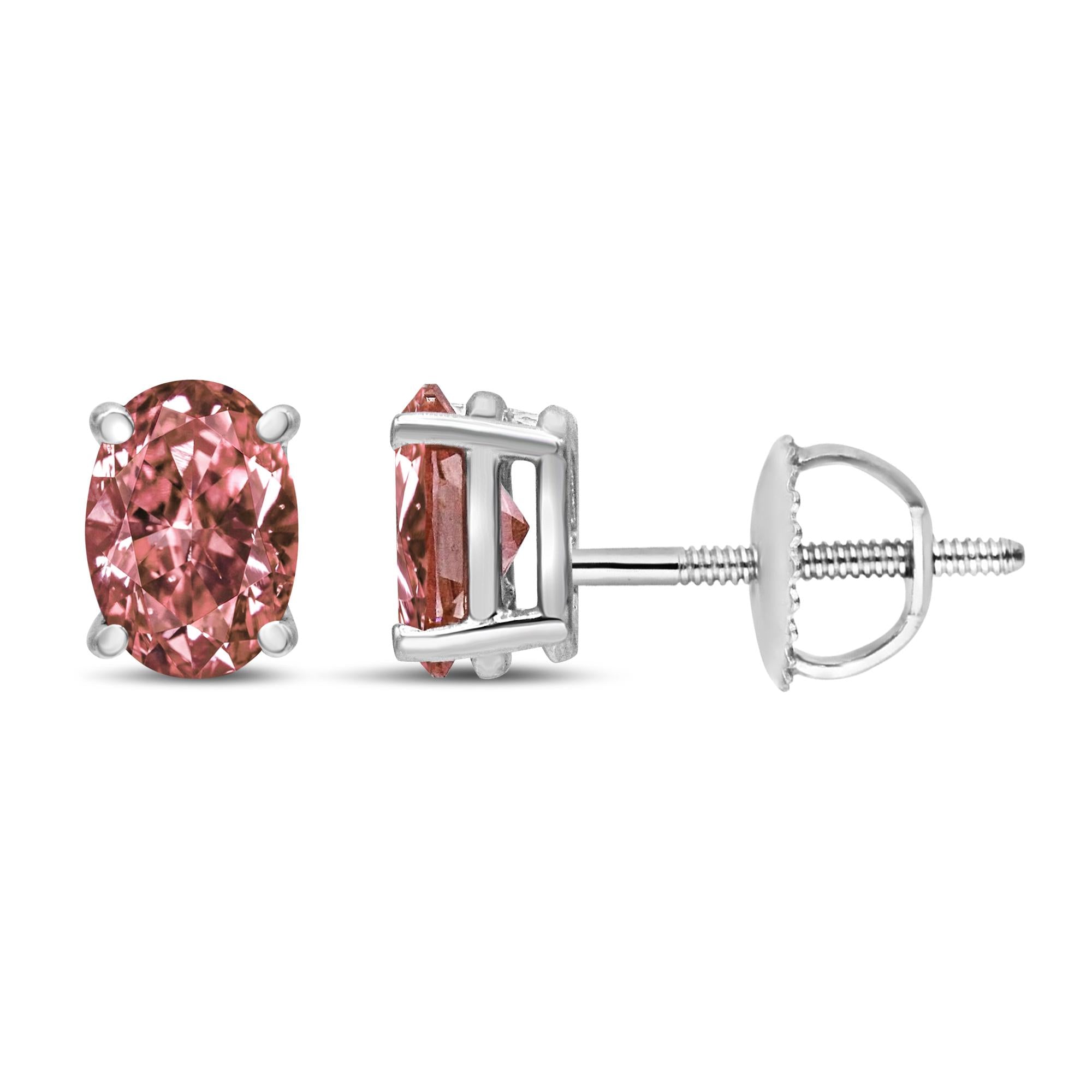 Aretes solitarios de diamantes clásicos ovalados rosados ​​cultivados en laboratorio en oro blanco de 14 quilates con engaste de 4 puntas (color rosa, claridad VS2-SI1) - Friggin Jewelry