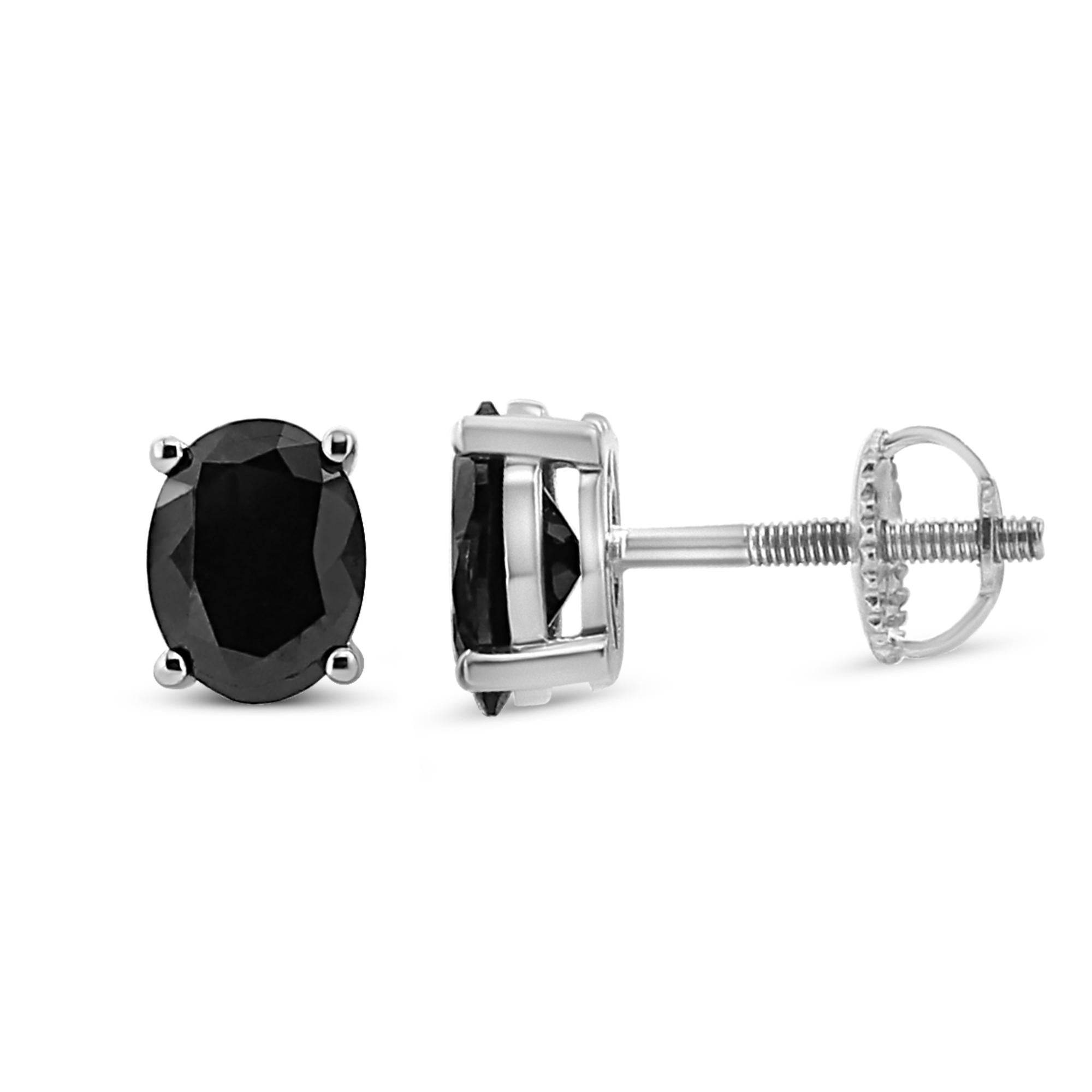 .925 Sterling Silver Prong Set Treated Black Oval Diamond Stud Earring (Black Color, I2-I3 Clarity) - Friggin Jewelry