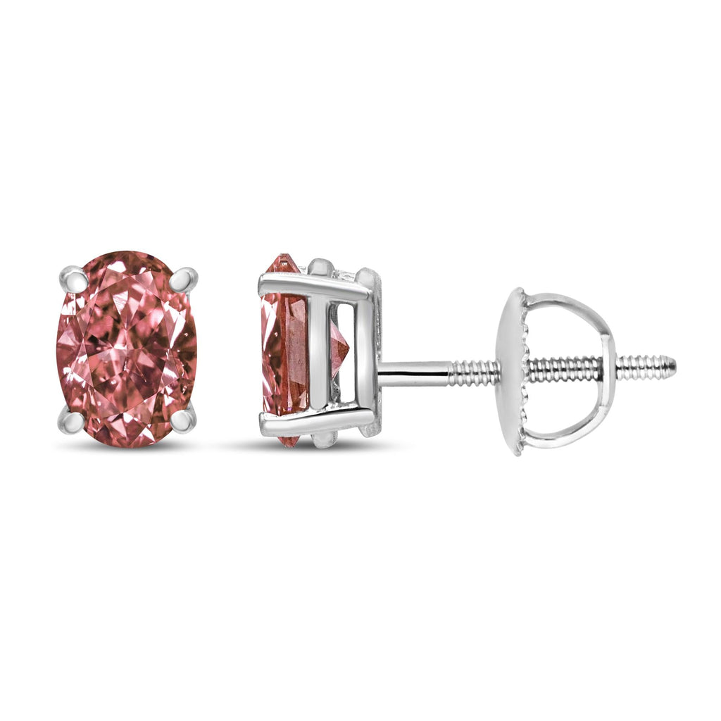 Aretes solitarios de diamantes clásicos ovalados rosados ​​cultivados en laboratorio en oro blanco de 14 quilates con engaste de 4 puntas (color rosa, claridad VS2-SI1) - Friggin Jewelry