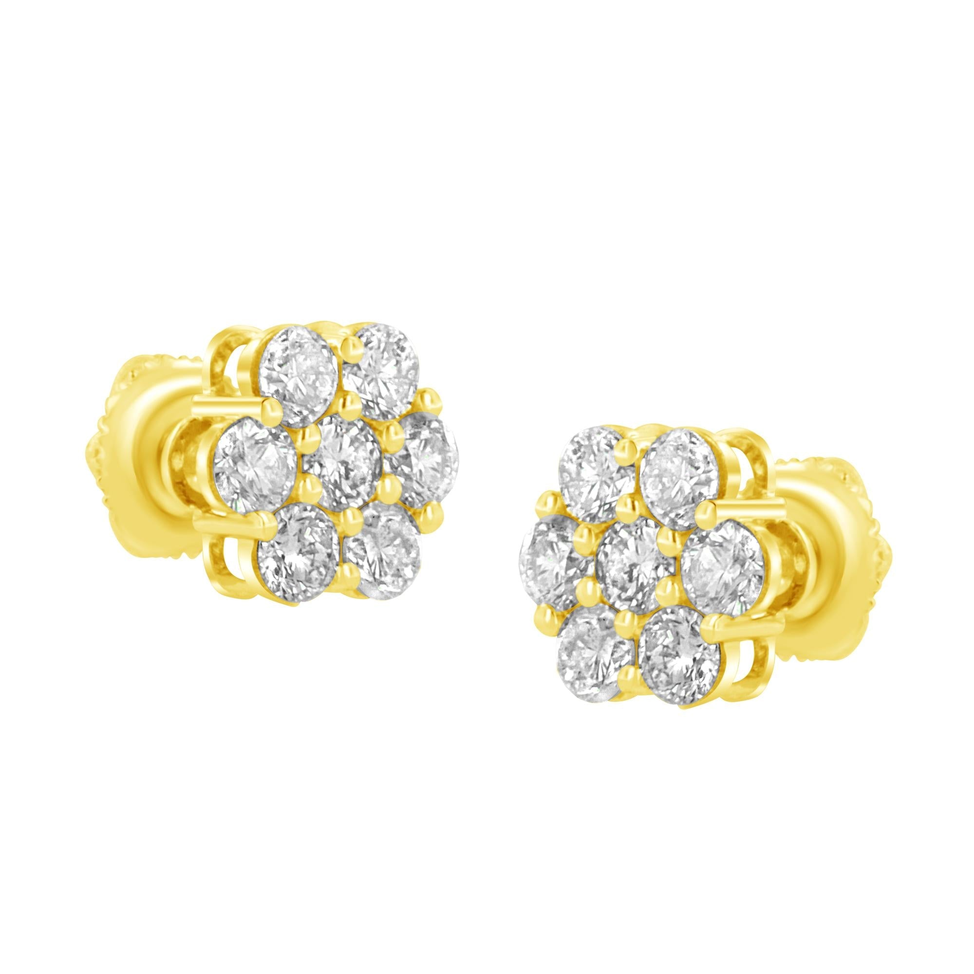 Pendiente de flor de diamantes de 1,0 ct en oro amarillo de 14 quilates (color JK, claridad I1-I2) - Friggin Jewelry