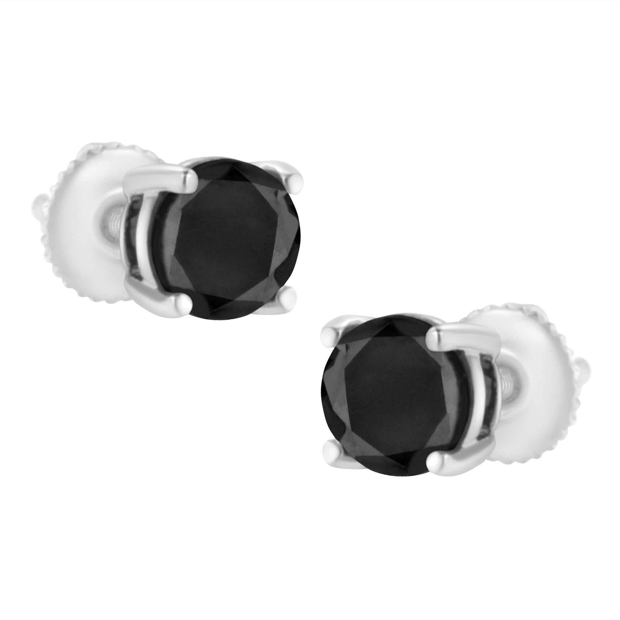 Pendientes clásicos de 4 puntas con diamantes negros de talla brillante redondos y cierre de rosca en plata de ley 925 (color elegante, claridad I2-I3) - Friggin Jewelry