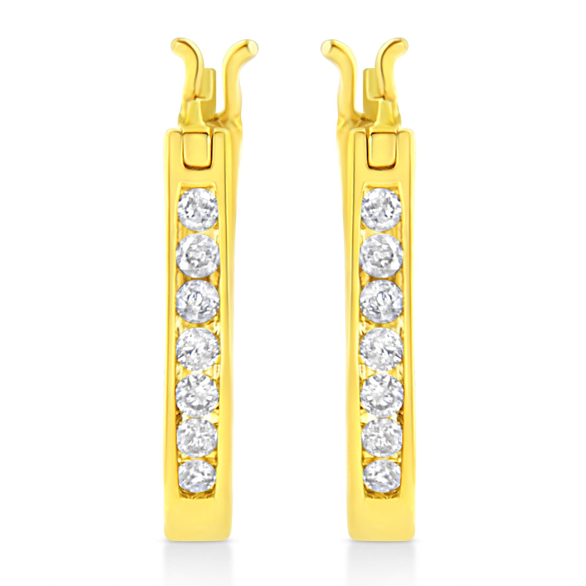 Orecchini a cerchio da 3/4" in argento sterling 925 placcato oro giallo 14K con chiusura a leva e diamanti da 1/4 ct (colore KL, purezza I2-I3) - Friggin Jewelry