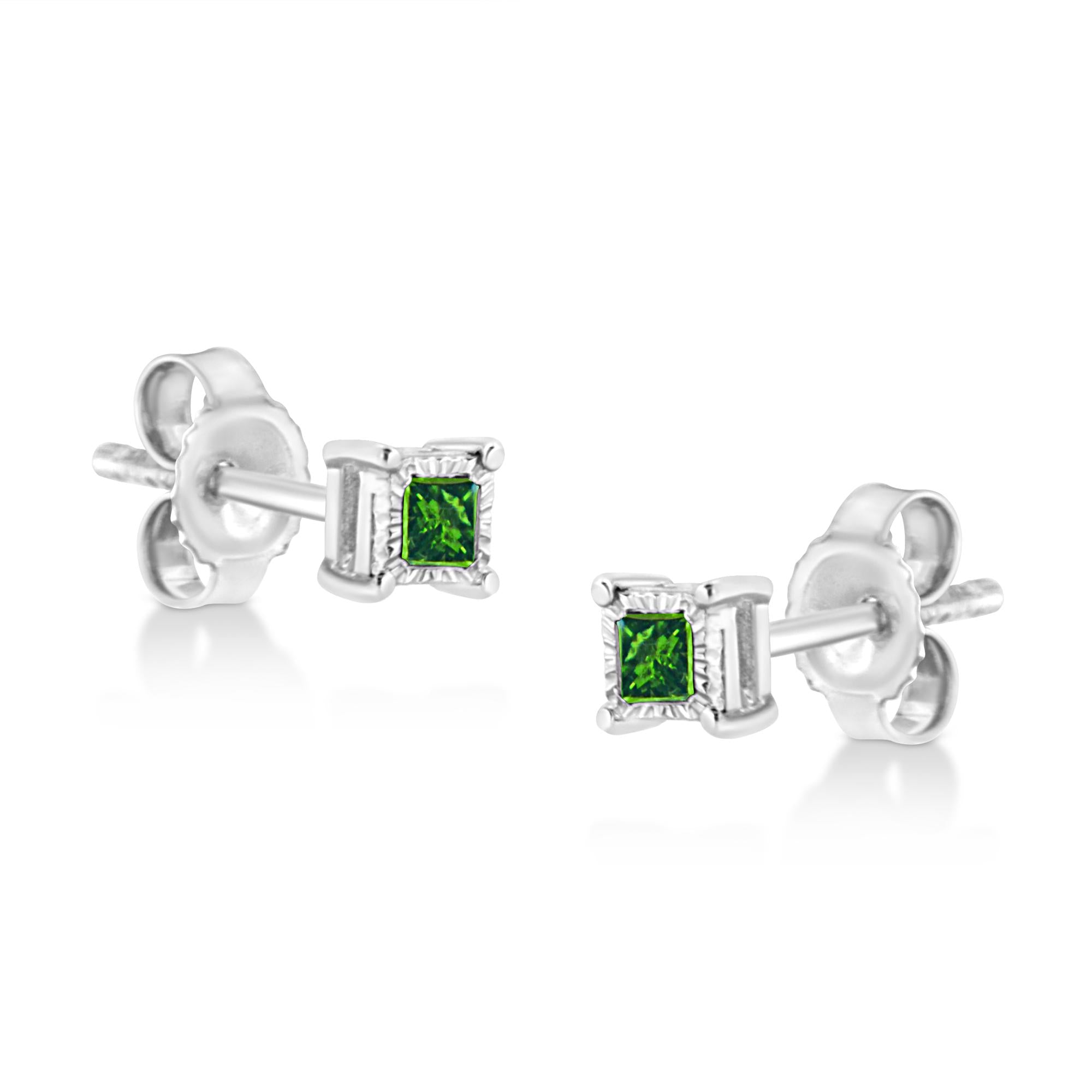 .925 Sterling Silver 1/10 Cttw Miracle Set Princess-Cut Treated Green Diamond Stud Earrings (Green Color, I1-I2 Clarity) - Friggin Jewelry