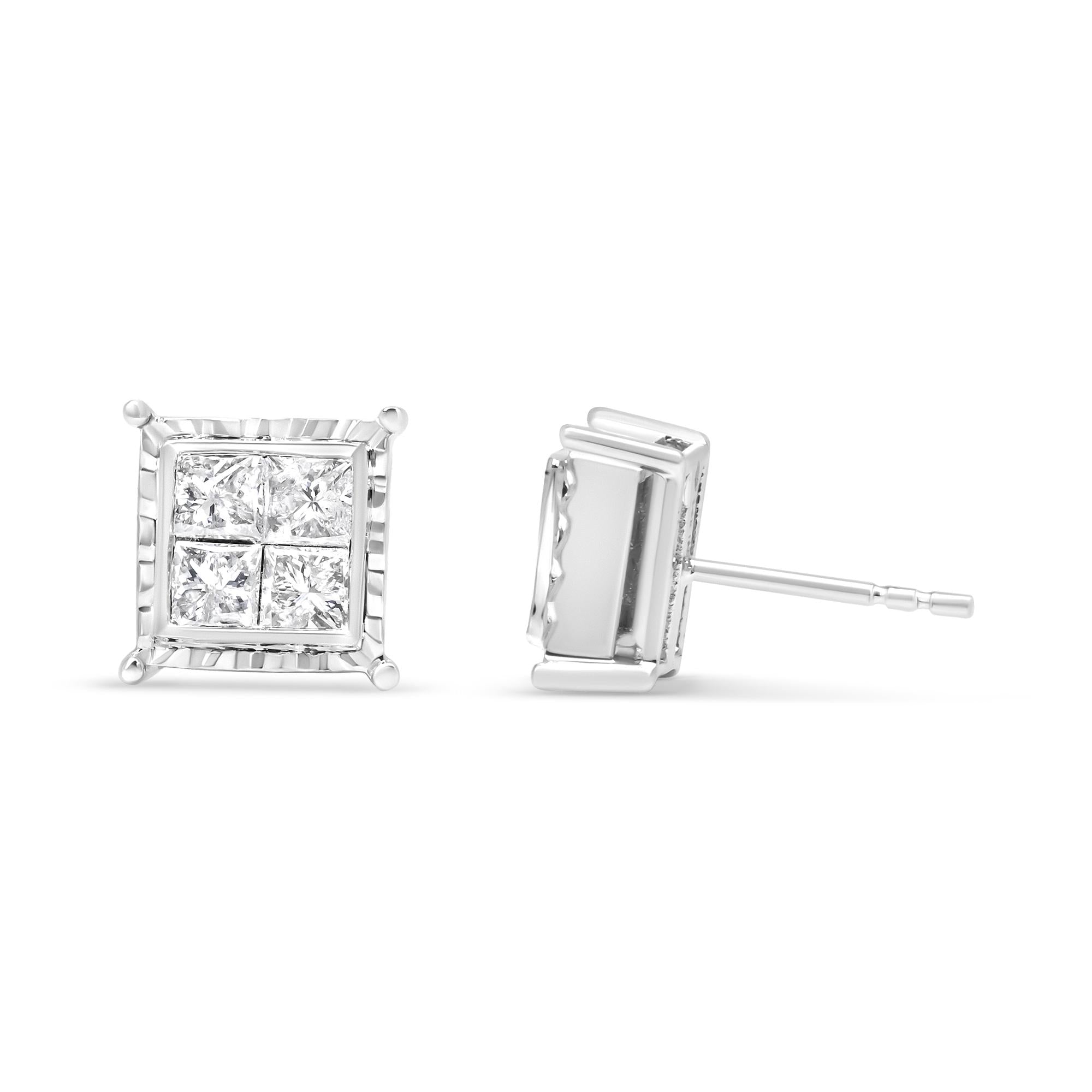 Aretes de oro blanco de 14 quilates con diamantes de talla princesa de 1 1/2 quilates, engastados invisibles, con cuatro ondas contemporáneas (color IJ, claridad I1-I2) - Friggin Jewelry
