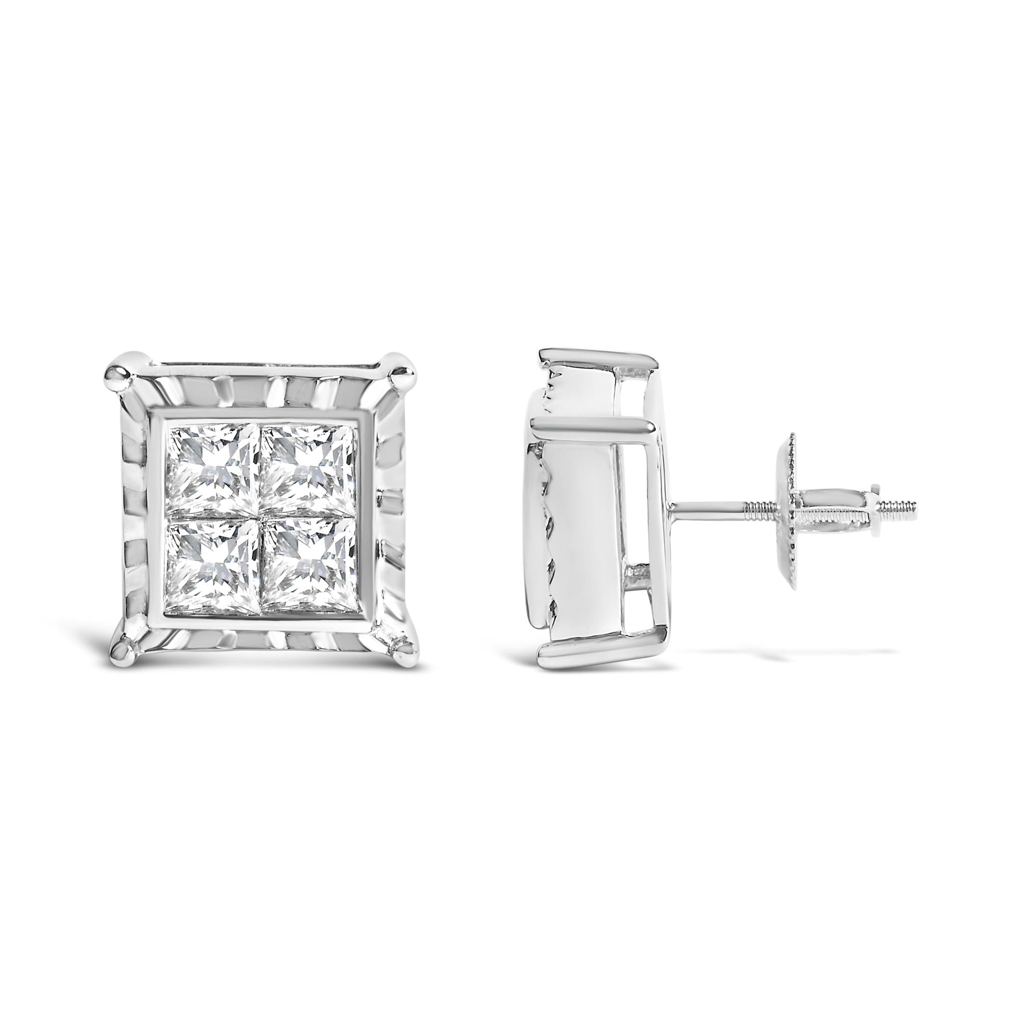 14K White Gold 2.00 Cttw Invisible Set Princess-Cut Lab Grown Diamond Wavy Quad Stud Earrings - Friggin Jewelry Premium