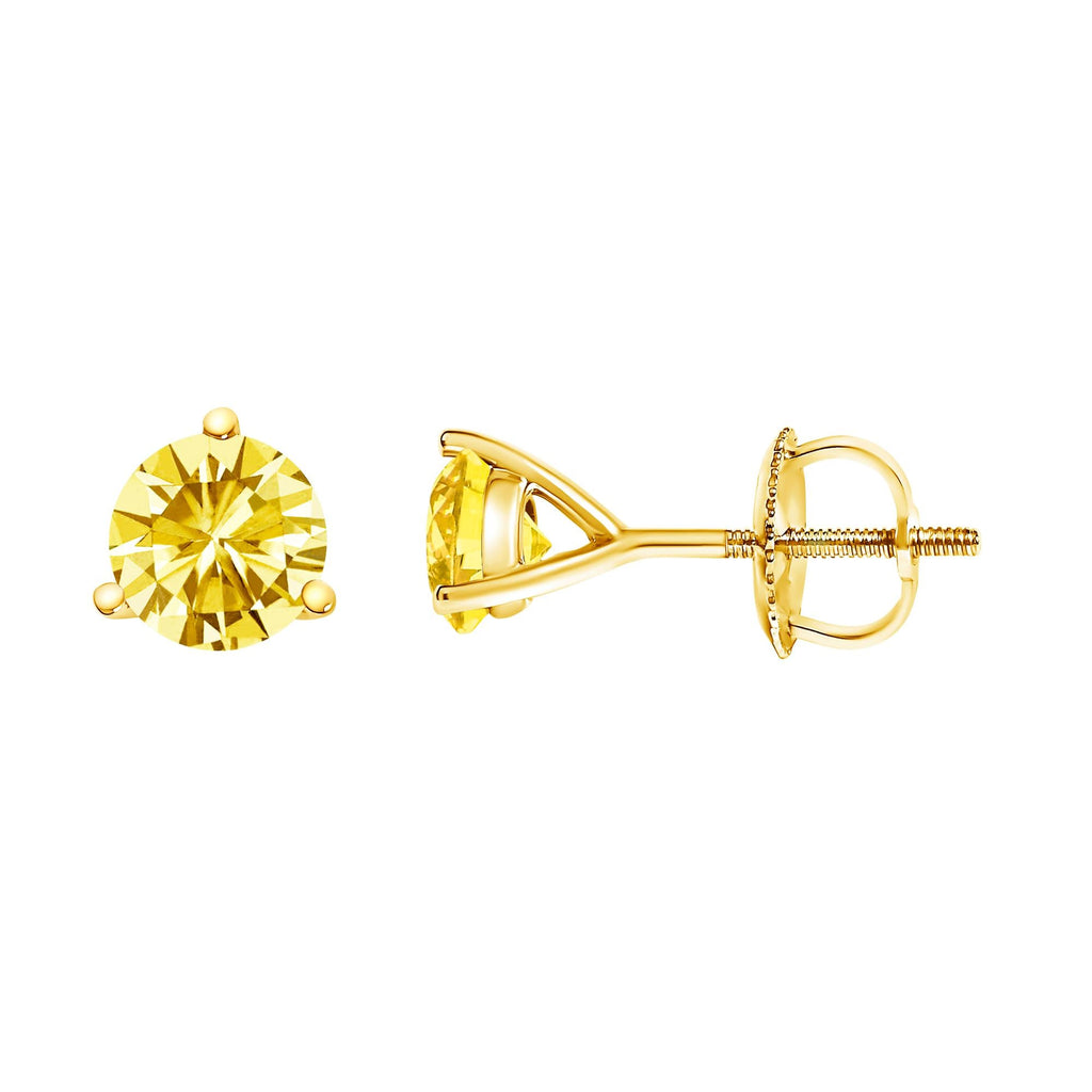 Orecchini a bottone con diamante solitario giallo incastonato in laboratorio a 3 punte in oro 14 carati - Friggin Jewelry