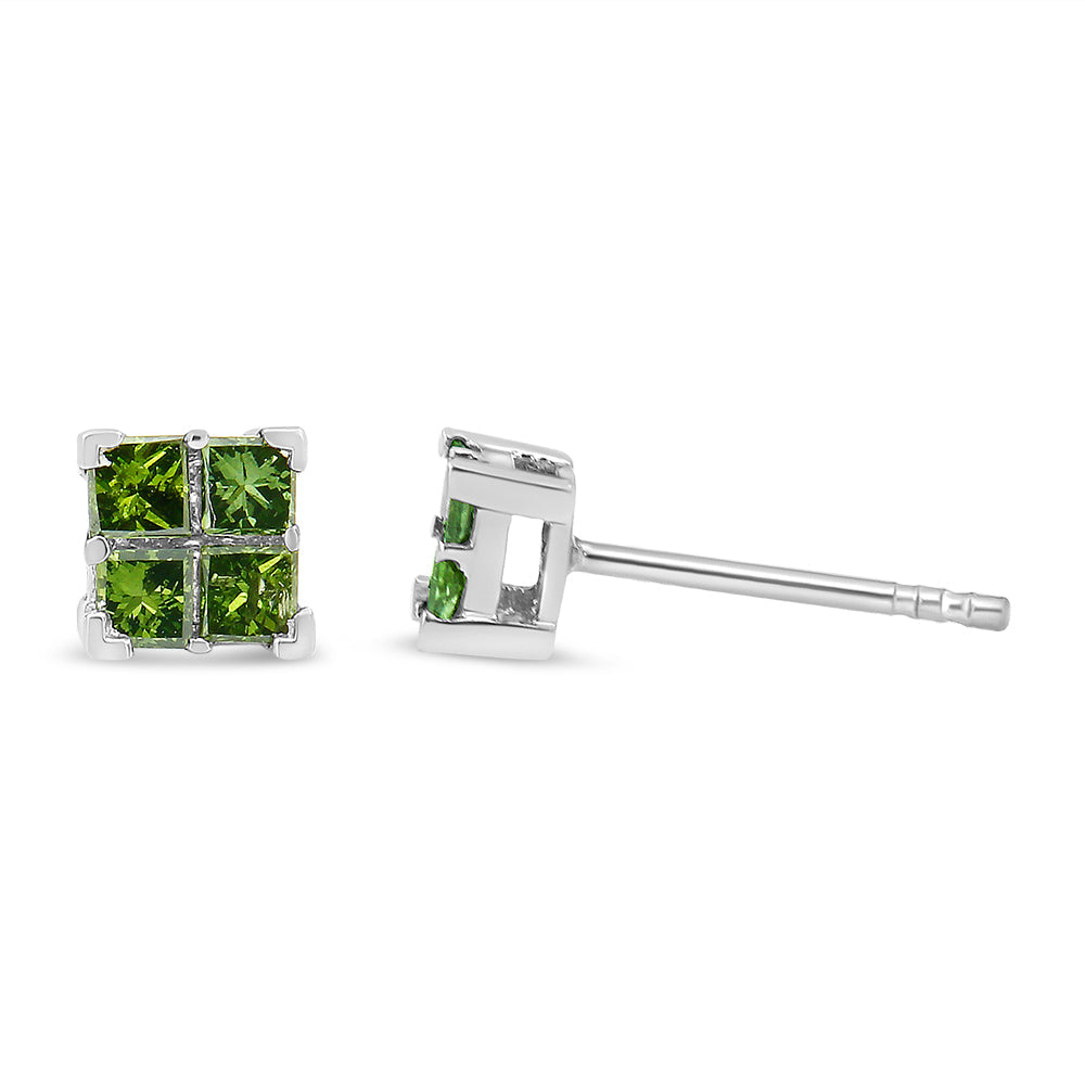 Pendiente de botón compuesto de cuatro piedras con diamantes de talla princesa verde, tratado en plata de ley 925 (color verde, claridad I1-I2) - Friggin Jewelry